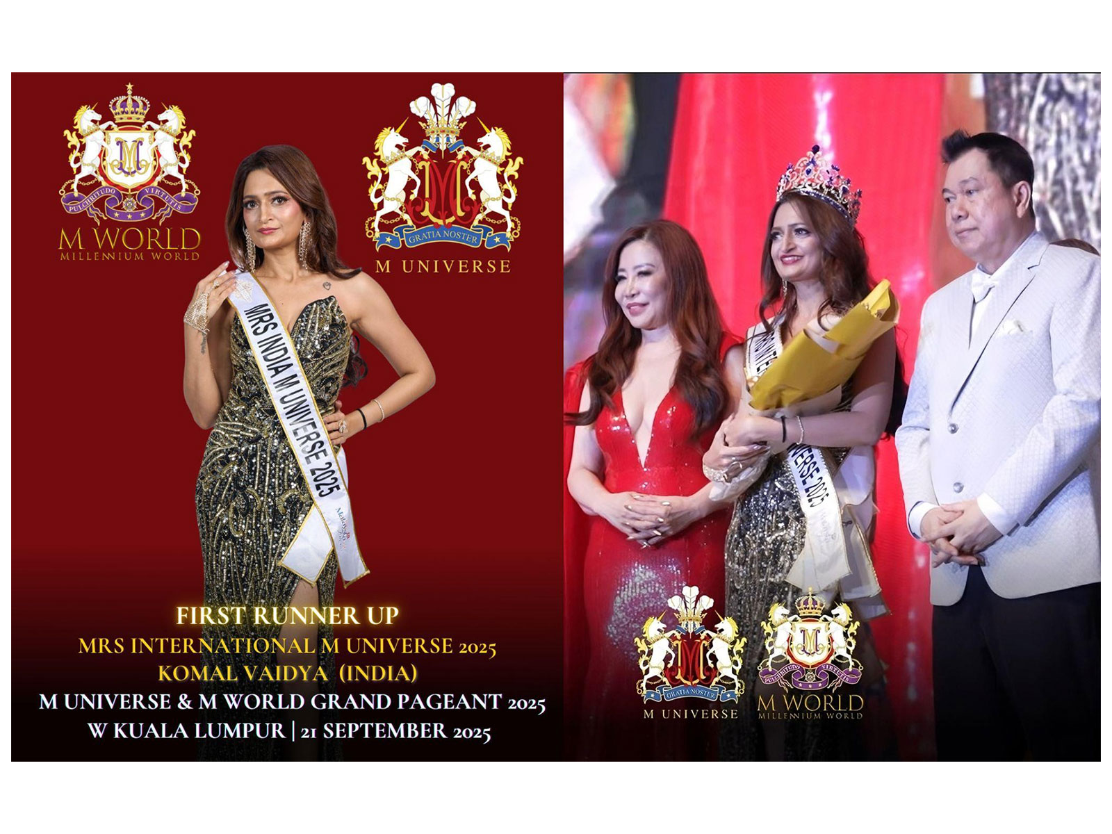 India’s Komal Vaidya Wins Mrs MUniverse 2025 Runner-Up & Ambassador Titles in Malaysia