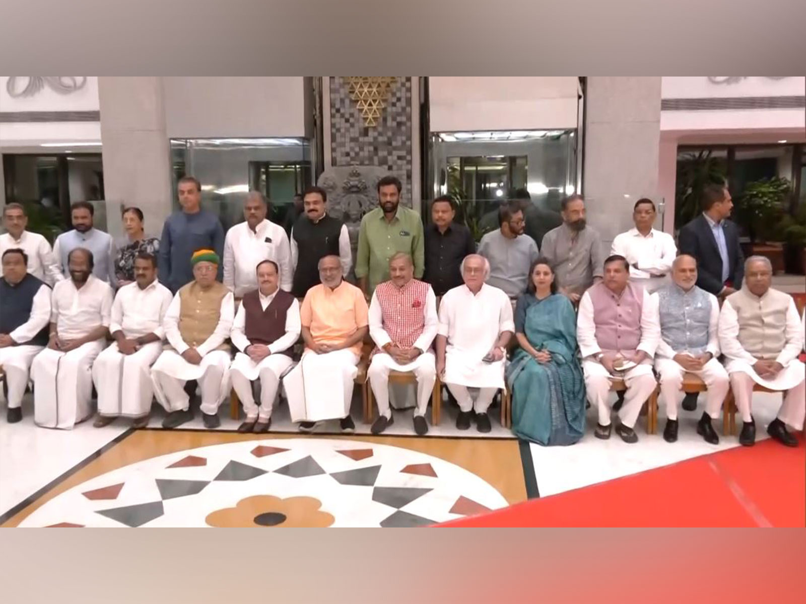 Vice-President and  Rajya Sabha Chairman, CP Radhakrishnan, with floor leaders of political parties (Photo/ANI)