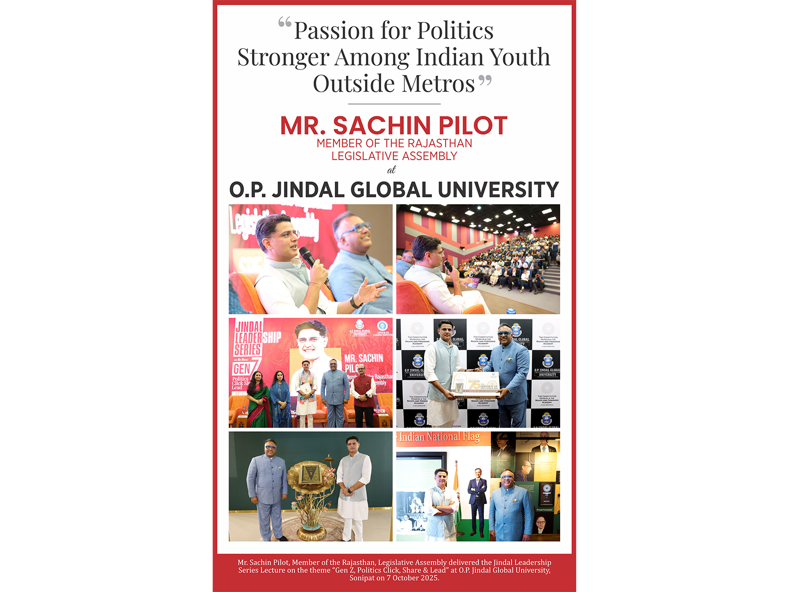 Passion for Politics Stronger Among Indian Youth Outside Metros: Sachin Pilot at Jindal Leadership Lecture