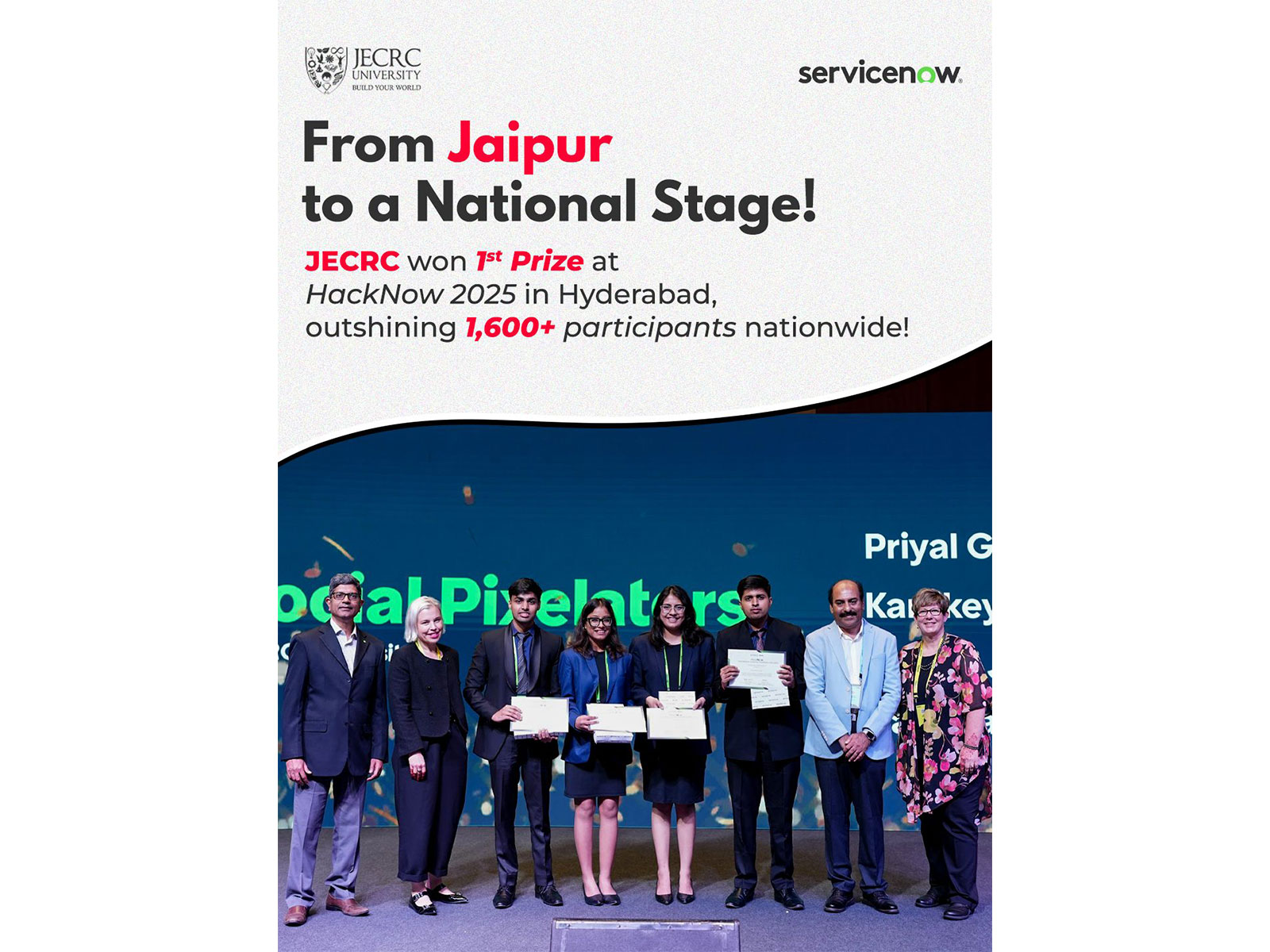 JECRC University’s Social Pixelators Team Triumphs national at ServiceNow HackNow 2025