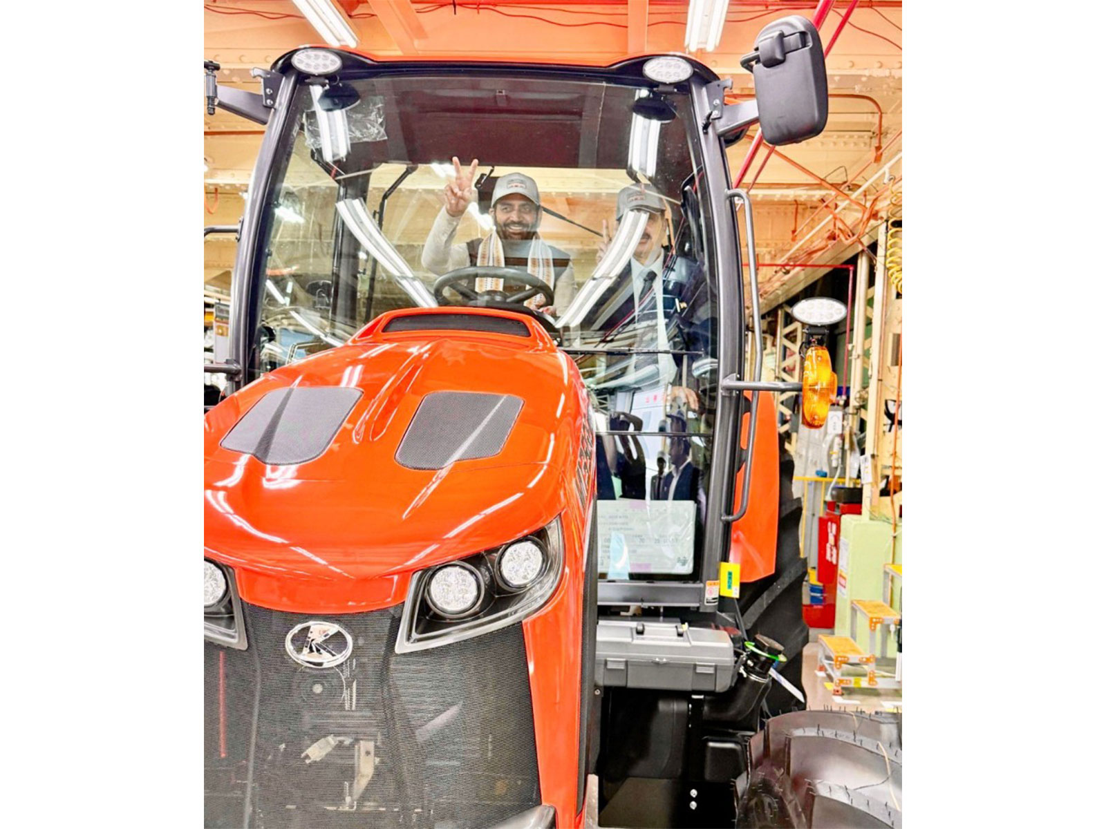 Haryana Chief Minister Nayab Singh Saini sits inside a Kubota tractor during his visit to the company’s manufacturing plant in Osaka, Japan. (Image: X/@NayabSainiBJP)