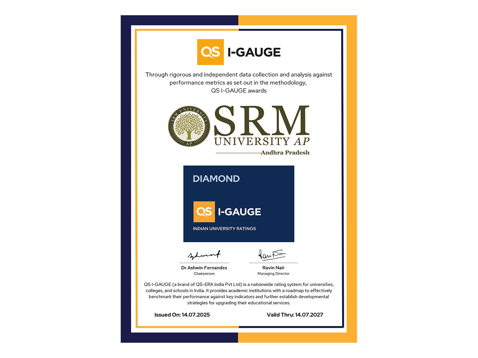 QS-I GAUGE Diamond Rating Certificate Awarded to SRM University-AP