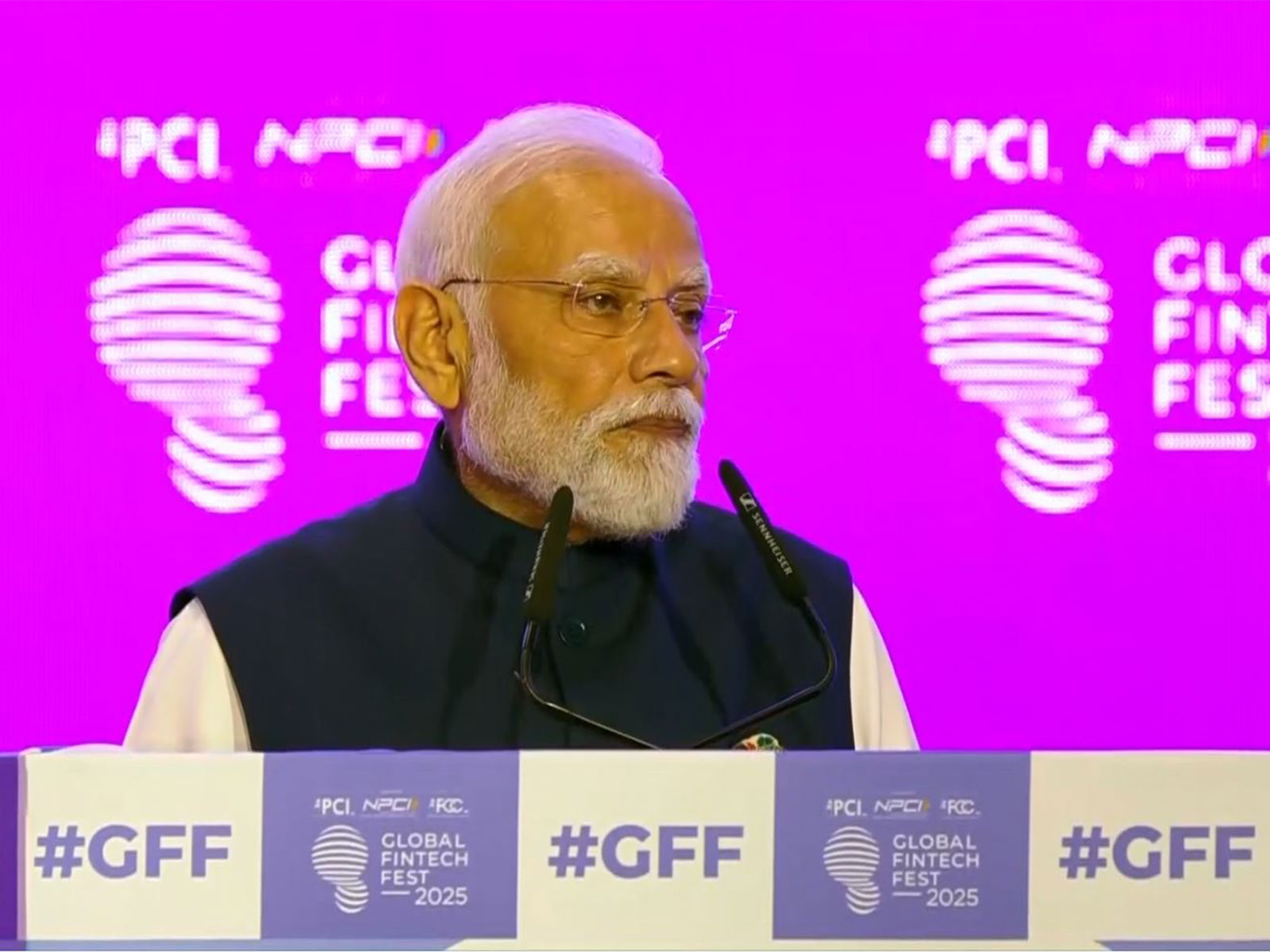 Prime Minister Narendra Modi addresses the Global Fintech Fest in Mumbai, highlighting India’s UPI, Aadhaar, Bharat QR, and DigiLocker as the backbone of the nation’s digital economy. (Photo/ANI)