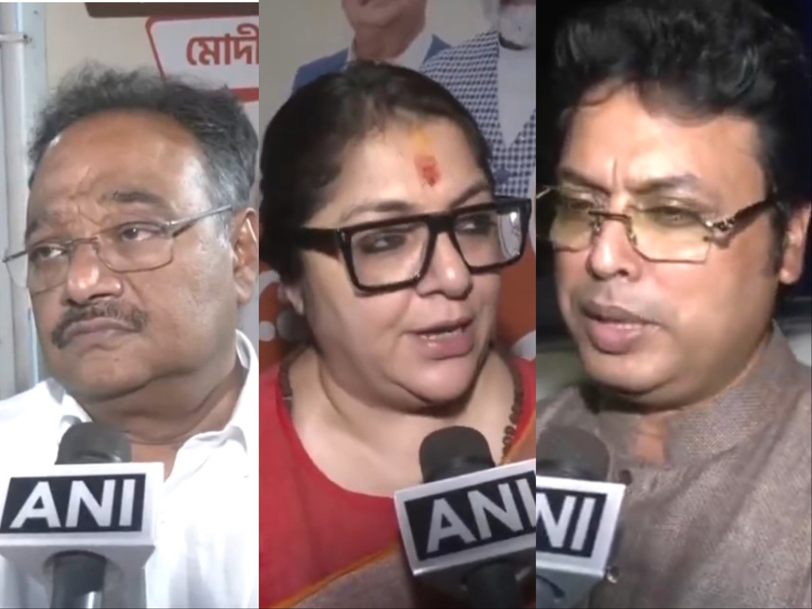 BJP leaders Samik Bhattacharya (left), Locket Chatterjee (centre), Biplab Kumar Deb (right) (Photo/ANI)