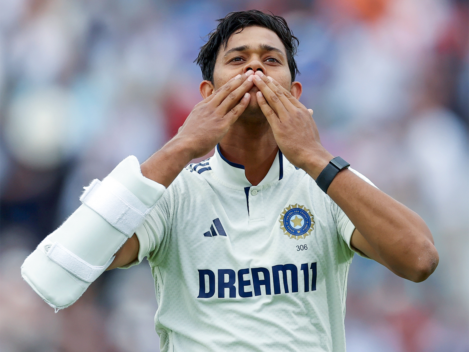 Yashasvi Jaiswal celebrates his century. (Photo/ANI)