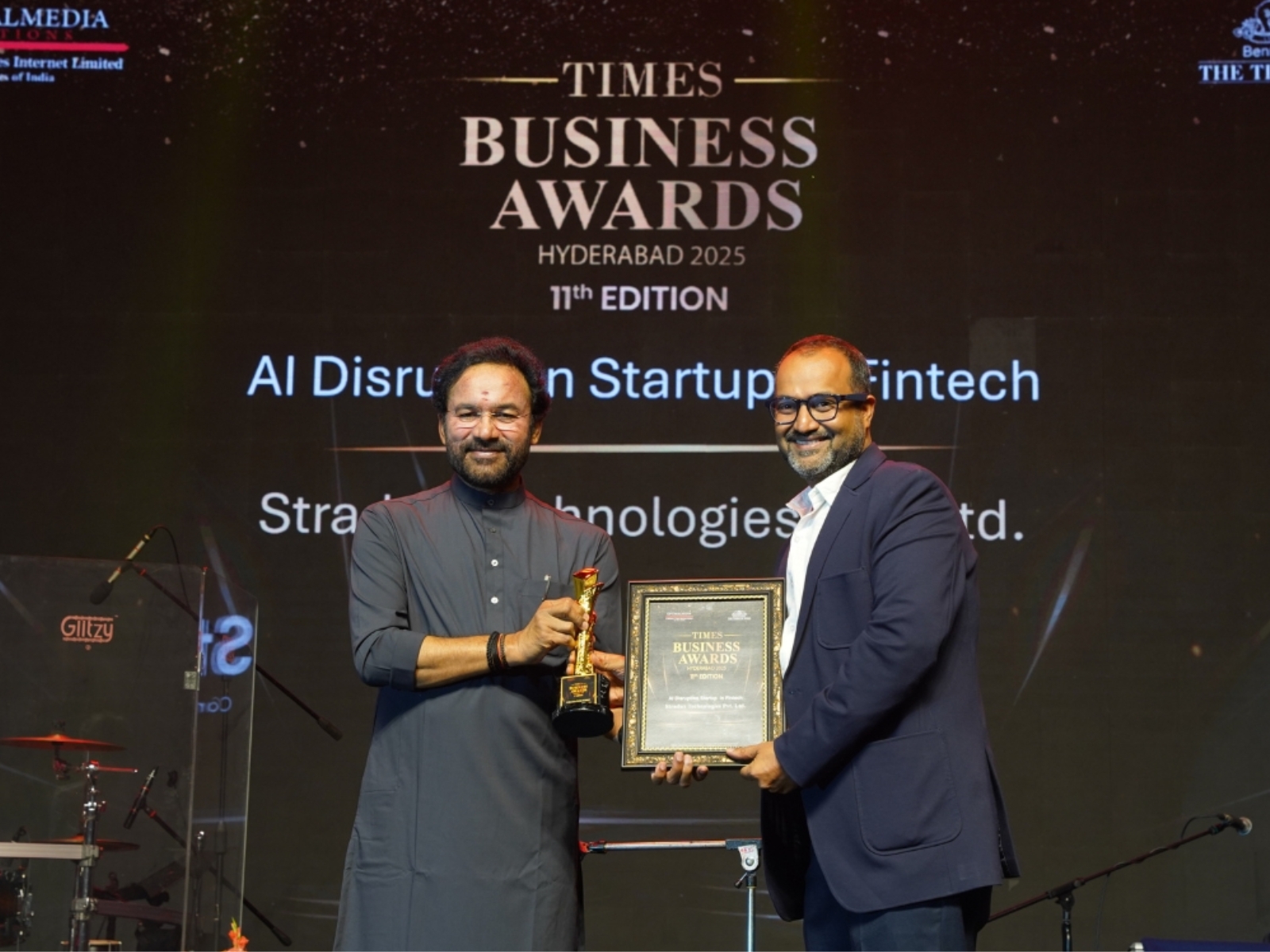 Abhinav Gupta, Founder of Stradux, was felicitated by Sh. Kishan Reddy at The Times Business Awards event in Hyderabad