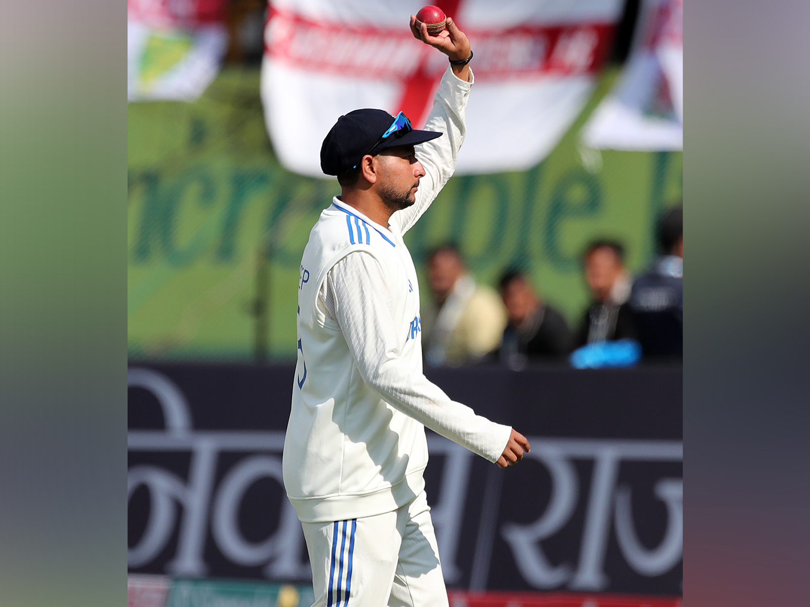 Kuldeep Yadav shows the match ball as he completes a five-wicket haul. (Photo/ANI)