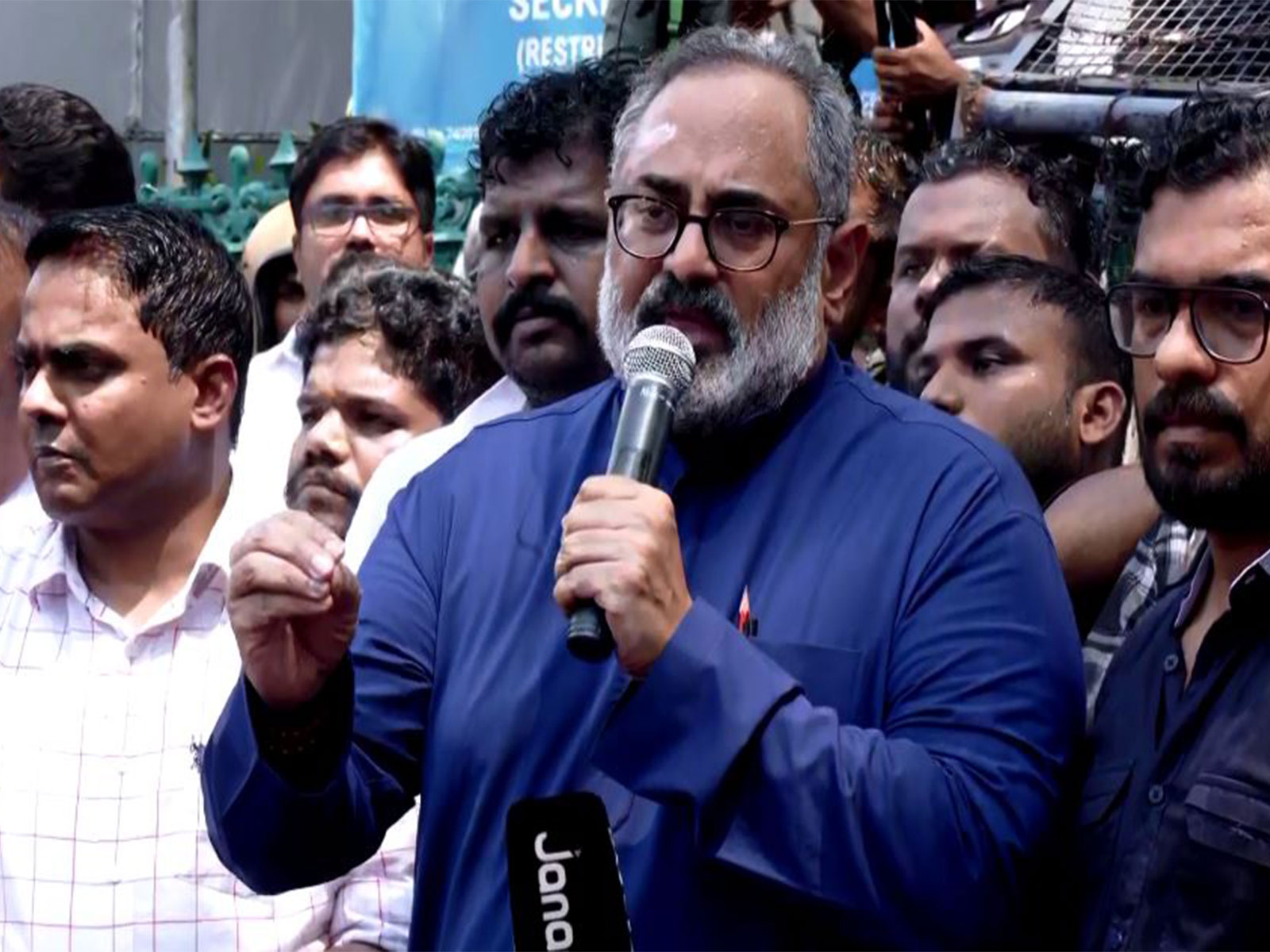 BJP Kerala State President Rajeev Chandrasekhar leading the BJYM protest (Photo/ANI)