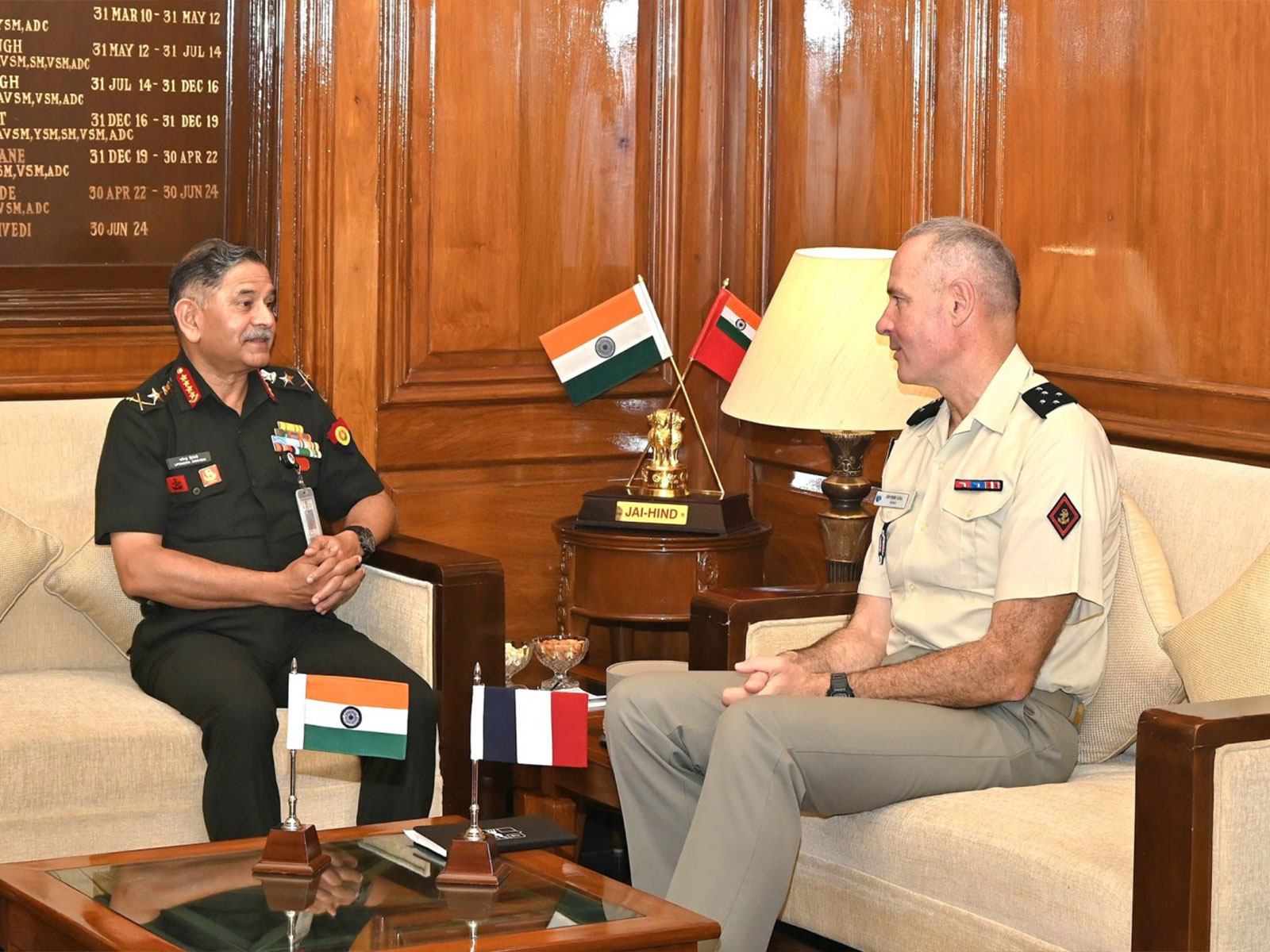Chief of Army Staff (COAS) General Upendra Dwivedi meets French Army Chief General Pierre Schill on the sidelines of the United Nations Chiefs of the Counter-Terrorism Conference 2025. (Image: X/@adgpi)
