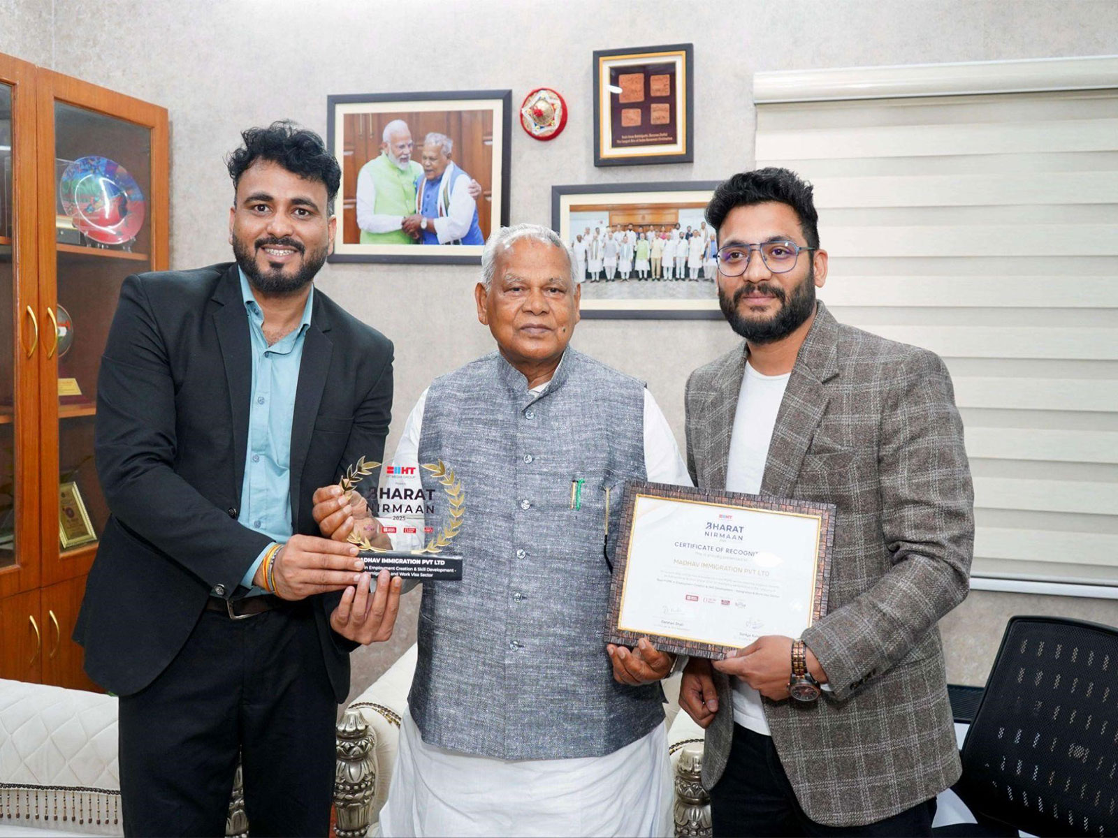 Founders of Madhav Immigration with MSME Minister Jitin Ram Manjhi (Photo/Madhav Immigration)