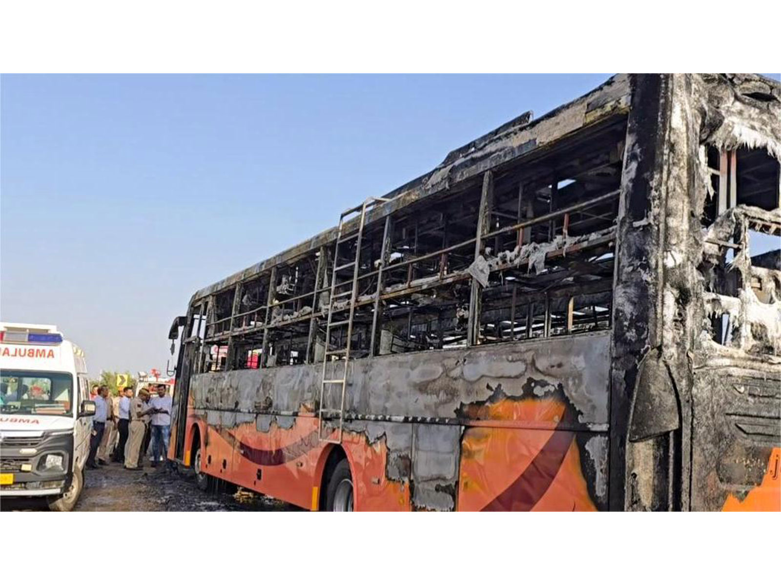 Bus enroute to Jodhpur caught fire near the Thaiyat village in Jaisalmer on Tuesday. (Photo/ANI)