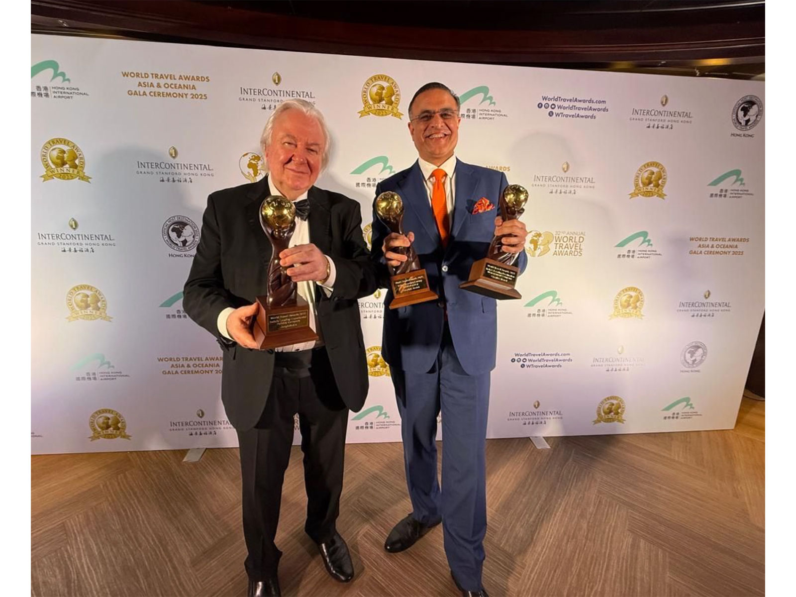 At right: Kapil Chopra, Founder & CEO of The Postcard Hotel, receiving multiple awards at the World Travel Awards