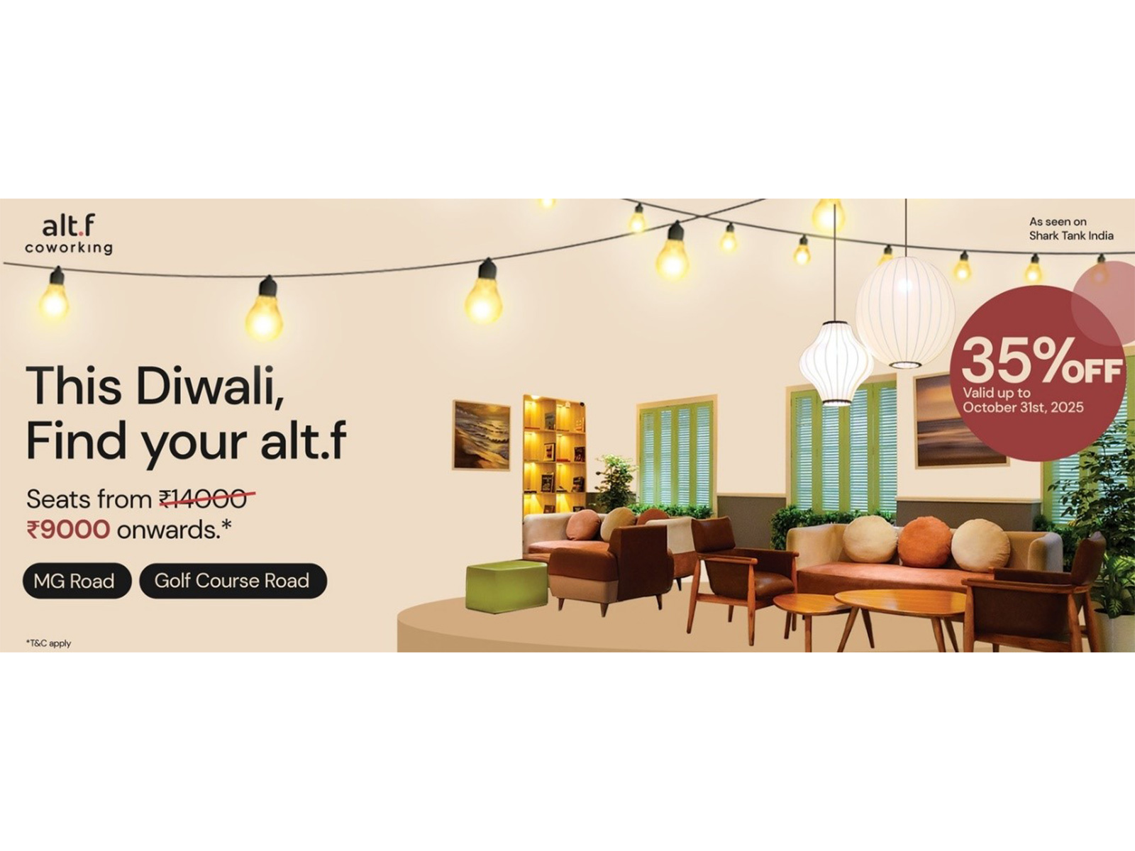 alt.f coworking launches Diwali offer on coworking spaces in Gurgaon from ₹9,000 alt.f coworking launches Diwali offer on coworking spaces in Gurgaon from ₹9,000