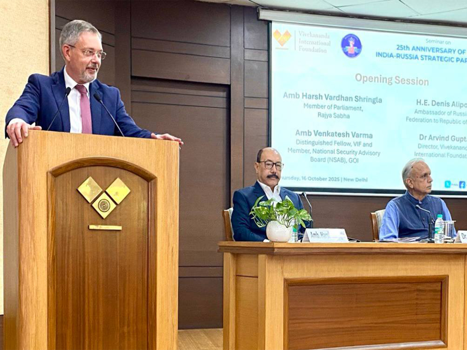 Russian Ambassador to India, Denis Alipov addressing seminar on 25th anniversary of India-Russia Strategic partnership declaration (Photo/ Russian Embassy) 