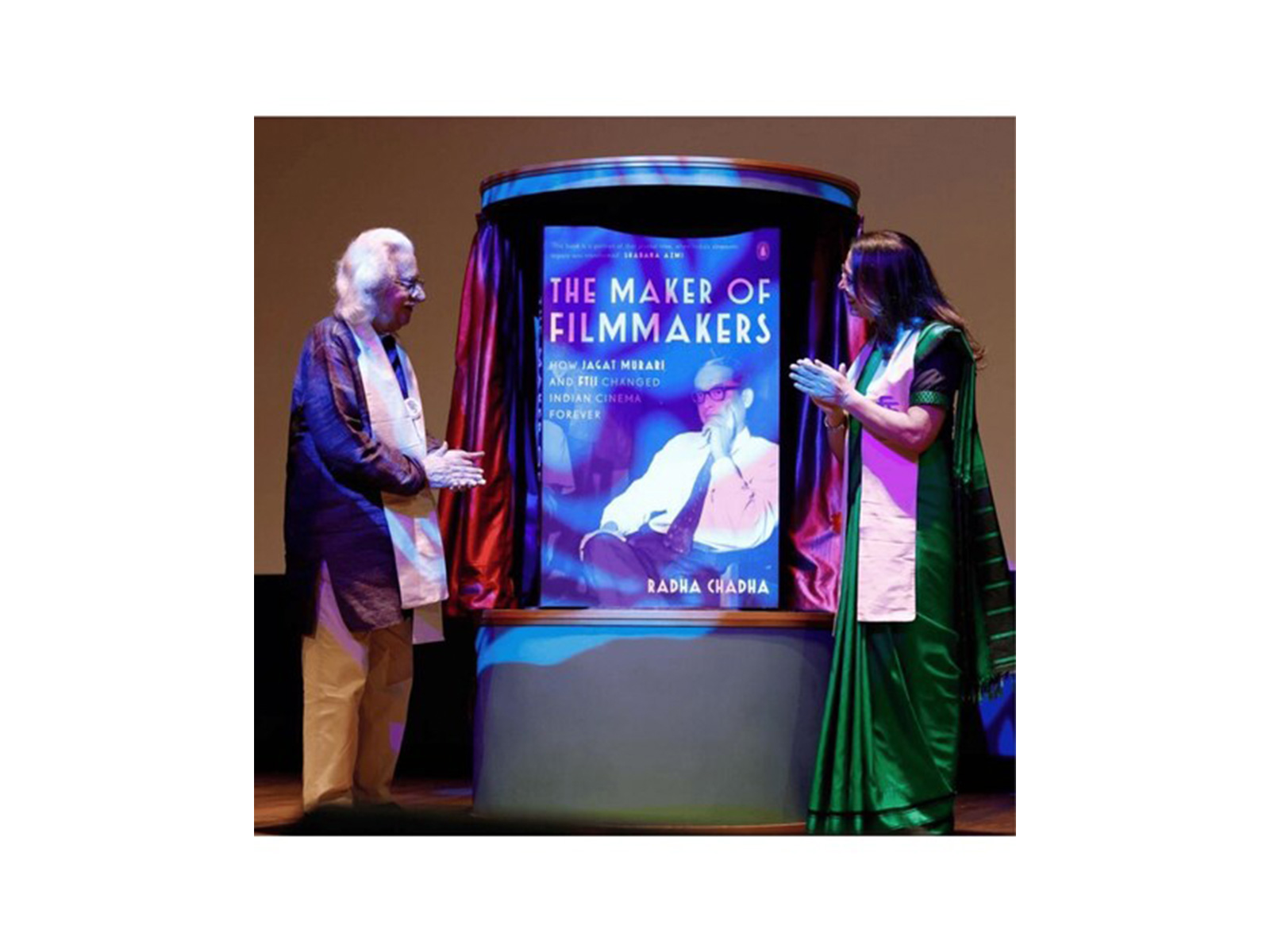 Adoor Gopalakrishnan launching the book ‘The Maker of Filmmakers’ at a function held at FTII. Radha Chadha, the author of the book, is on the right