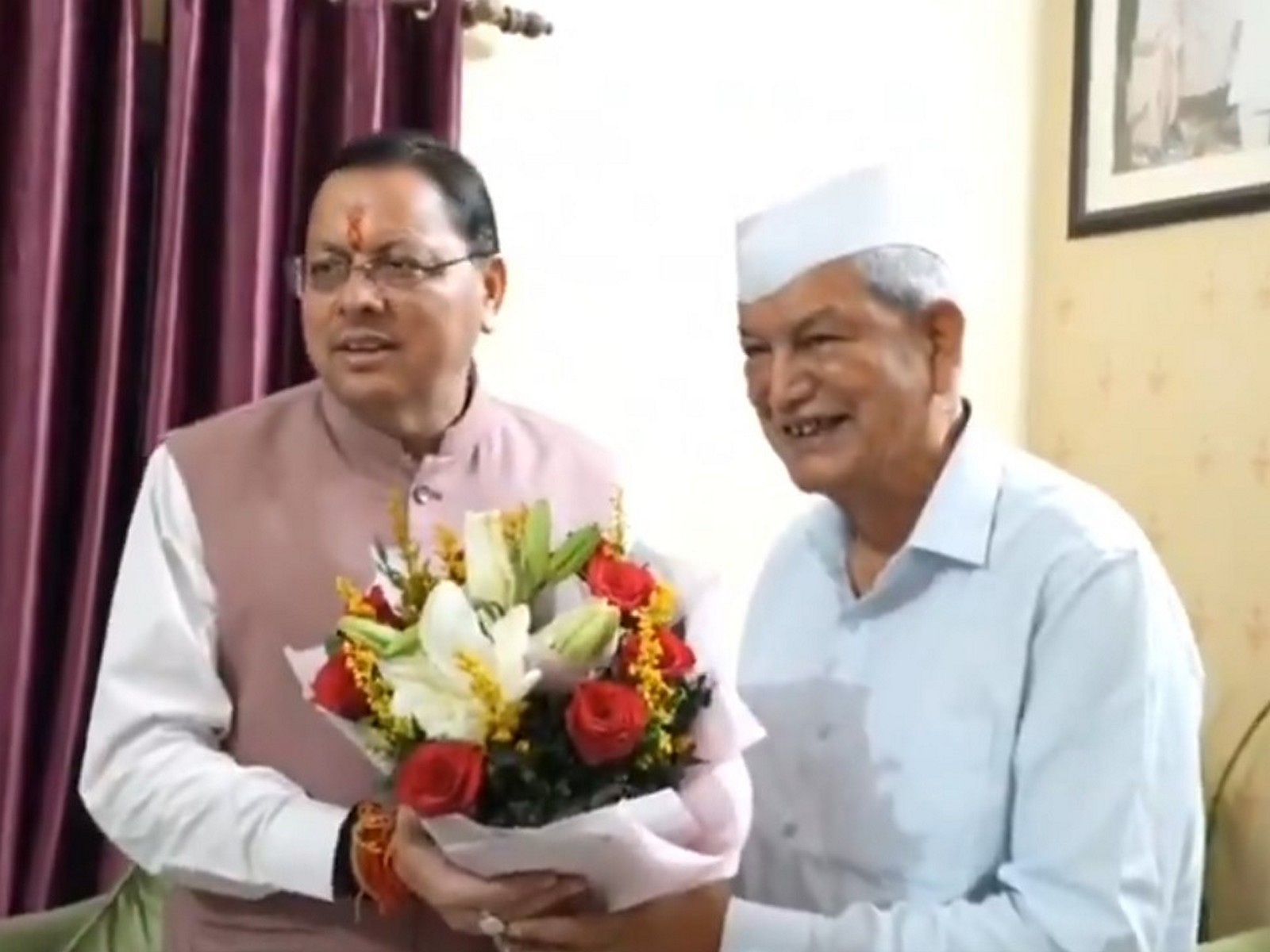 Uttarakhand CM Dhami visits Harish Rawat (Photo: ANI)