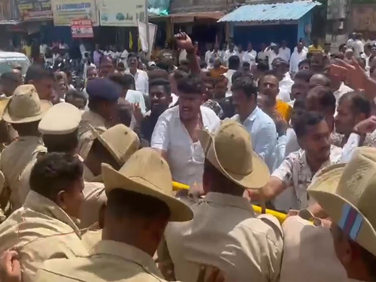 JD(S) party leaders protesting near main entrance of Hasanamba temple (Photo/ANI)
