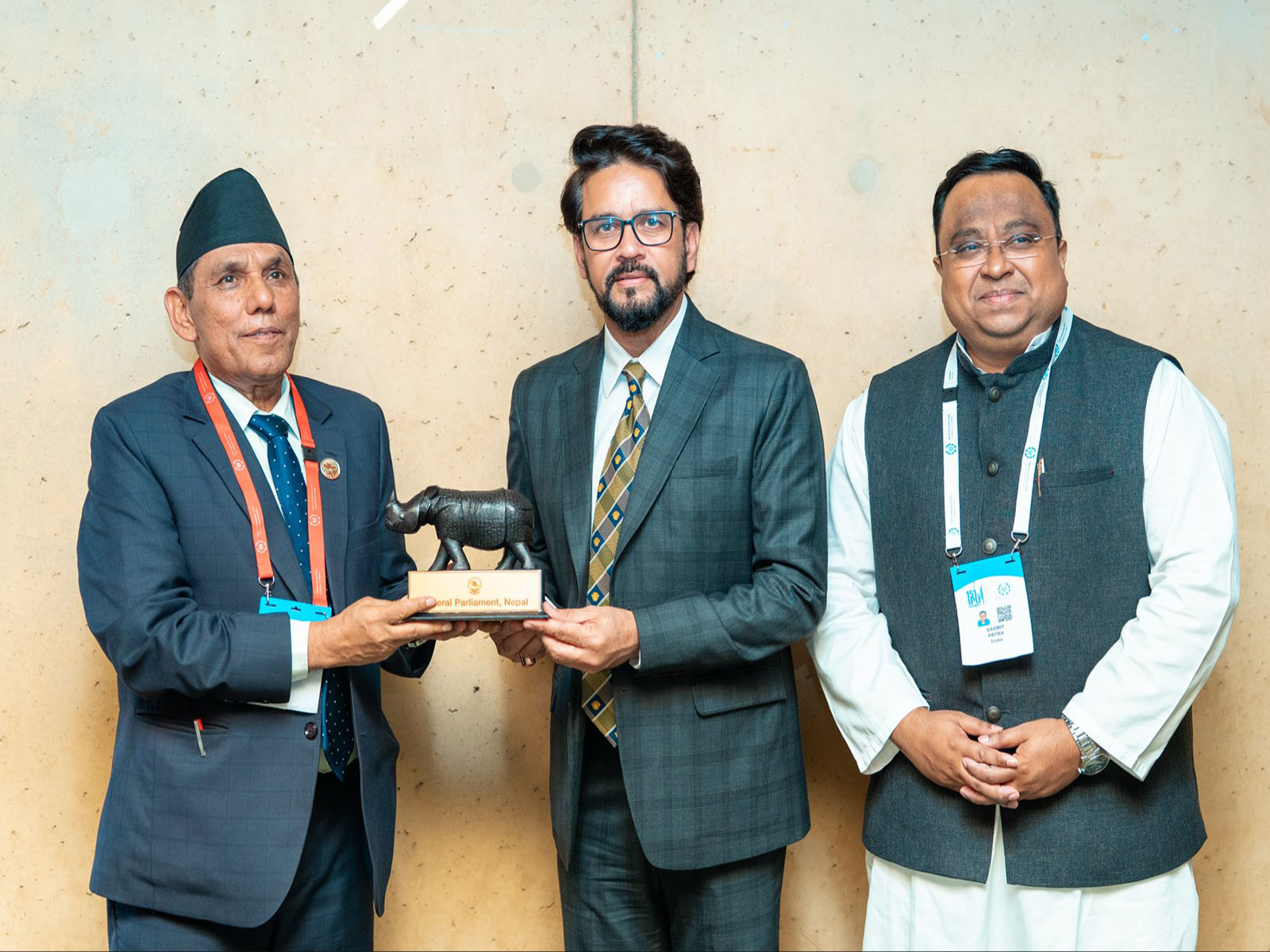 Nepali delegation memeber with Indian Parliamentary delegation Lok Sabha MP Anurag Thakur and Rajya Sabha MP Sasmit Patra (Photo:X/India at UN)