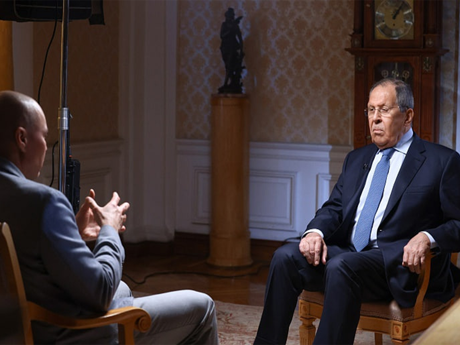 Russian Foreign Minister Sergey Lavrov speaks during an interview, reflecting on Western involvement in Ukraine and his collaboration with filmmaker Nikita Mikhalkov. (Image: X/@mfa_russia)