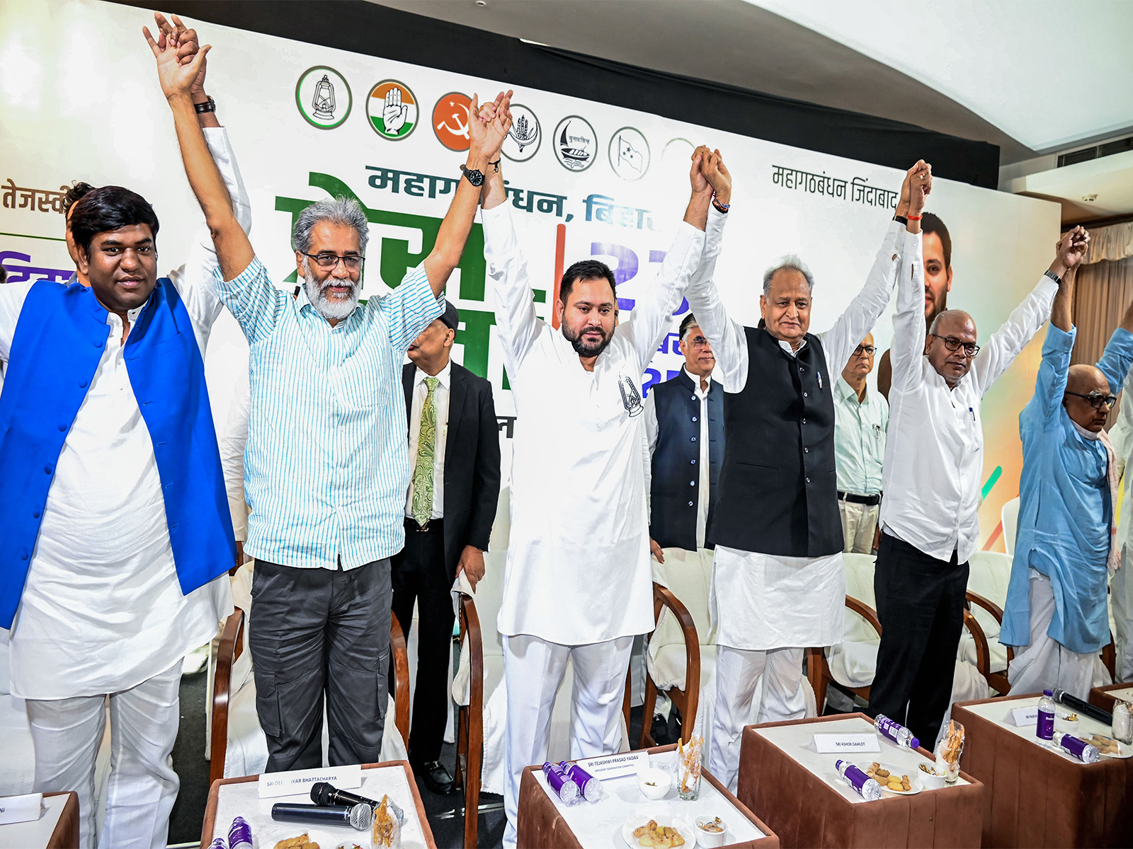 Leaders of Mahagathbandhan allies in Patna on Thursday. (Photo/ANI)