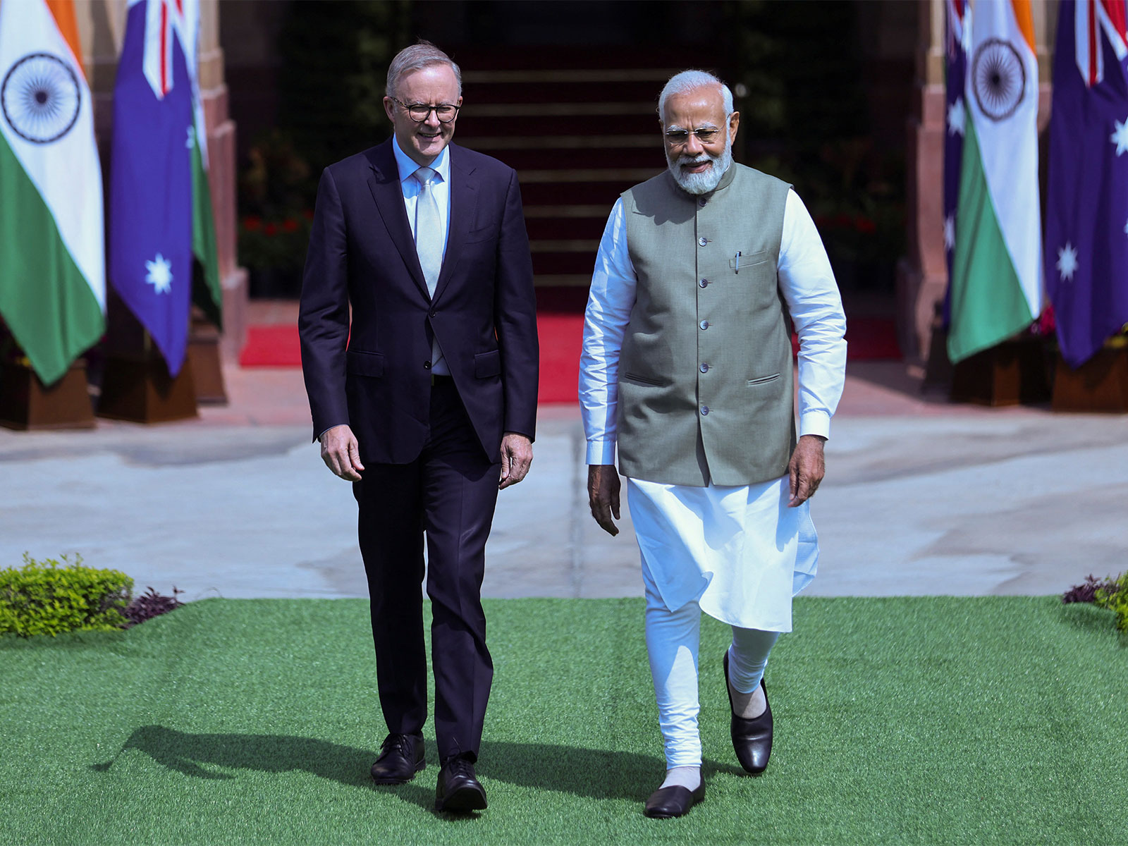 Prime Minister Narendra Modi and Australian Prime Minister Anthony Albanese arrive for a photo opportunity in New Delhi. (File Photo/Reuters)