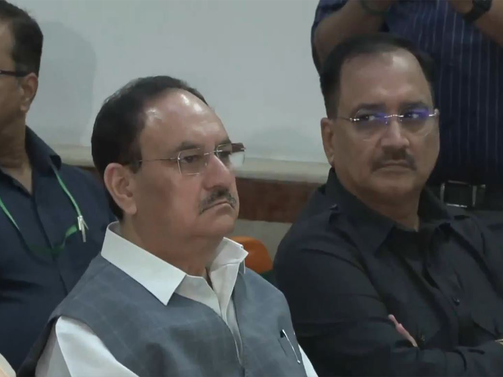 BJP National President JP Nadda along with other ministers listens to PM Modi's Mann Ki Baat 127th edition in Delhi (Photo/ANI)