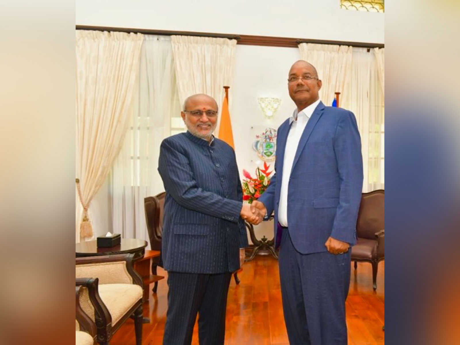 Vice-President C P Radhakrishnan meets Seychelles President Patrick Herminie at the State House in Victoria. (Image: X/@MEAIndia)