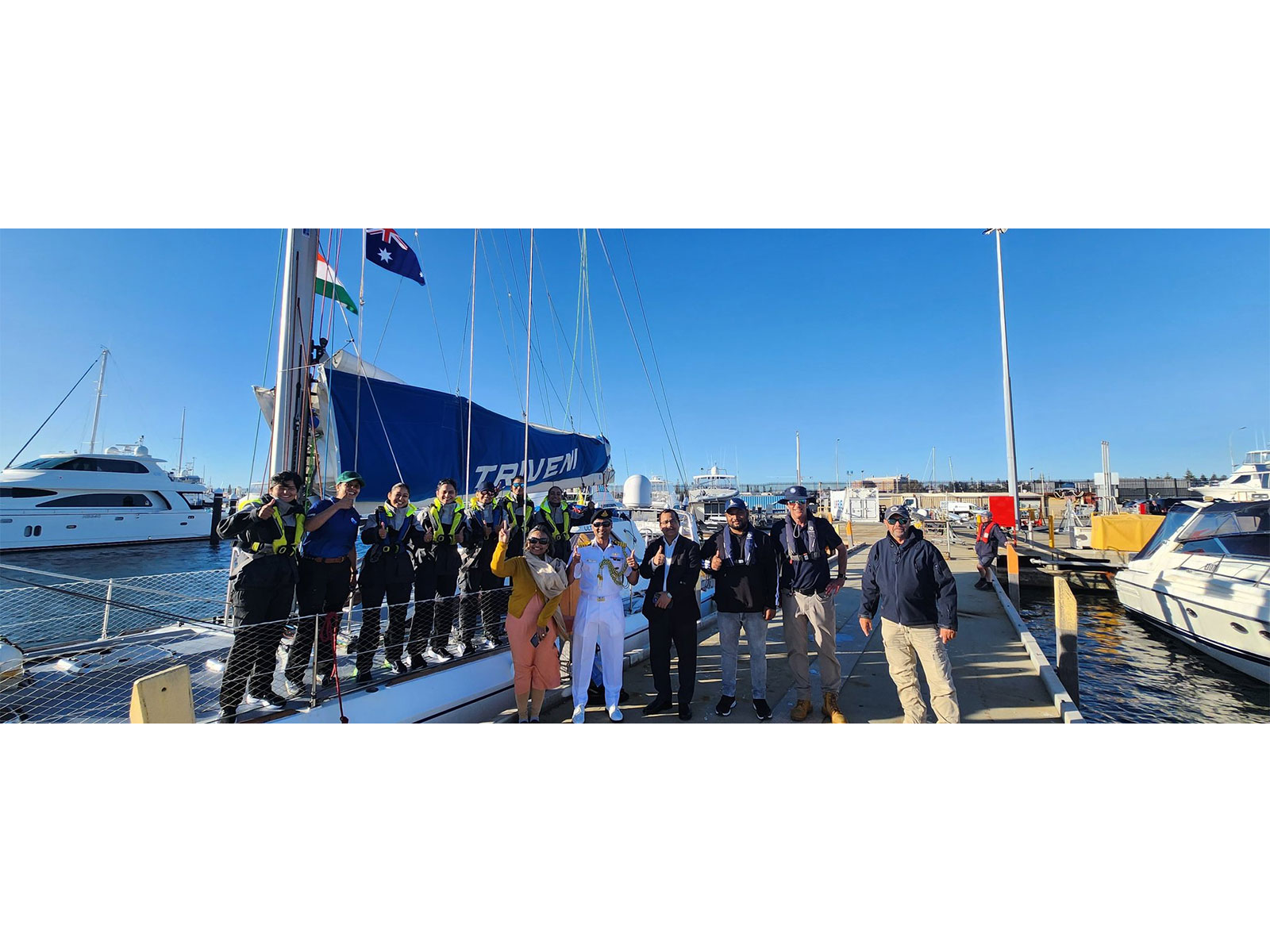 IASV Triveni docks at Fremantle as India’s all-women Tri-Service sailing expedition reaches Australia (Photo/X@HCICanberra)