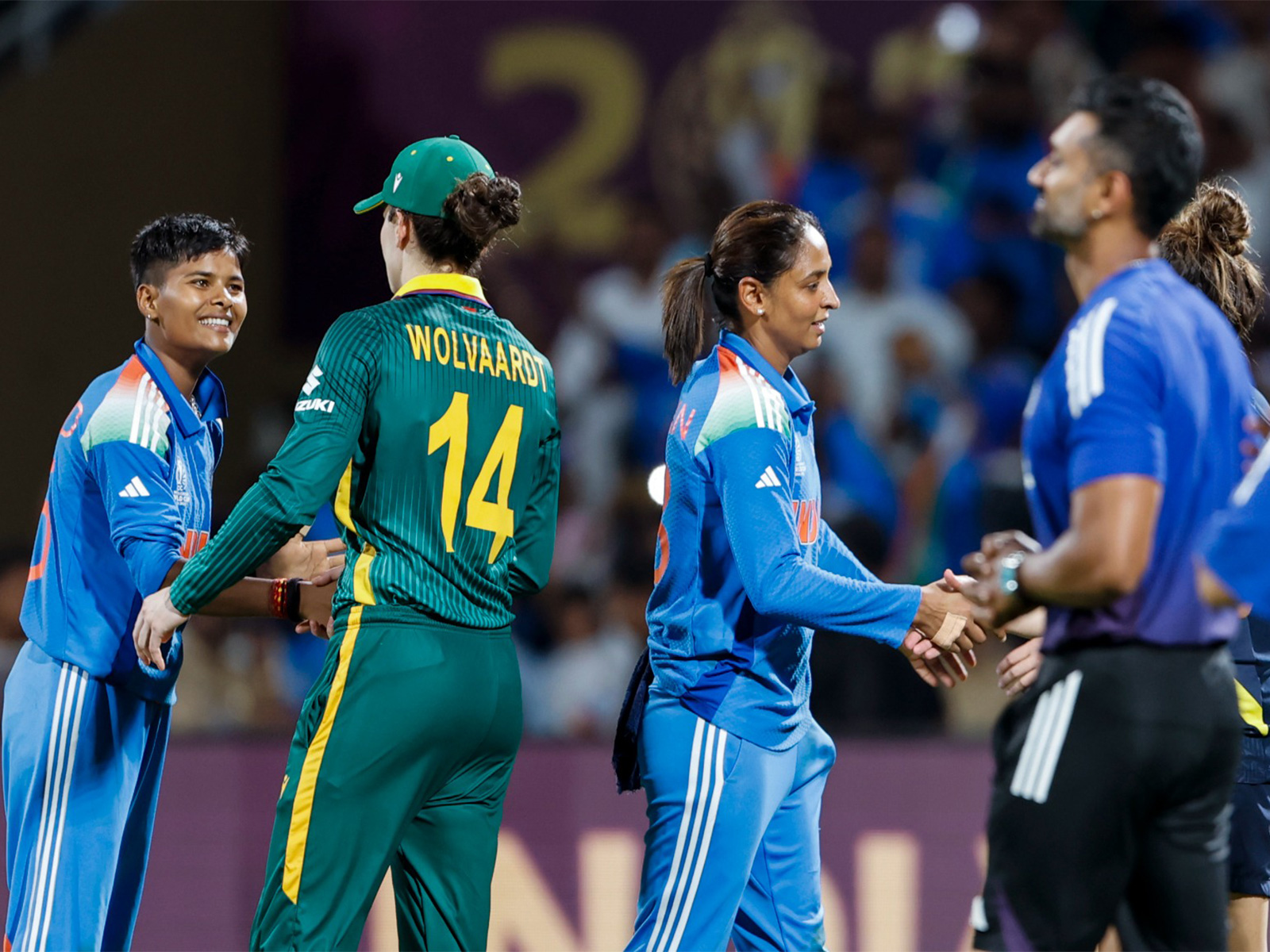 India pacer Kranti Gaud and skipper Harmanpreet shaking hands with SA players after the win (Photo/ANI)