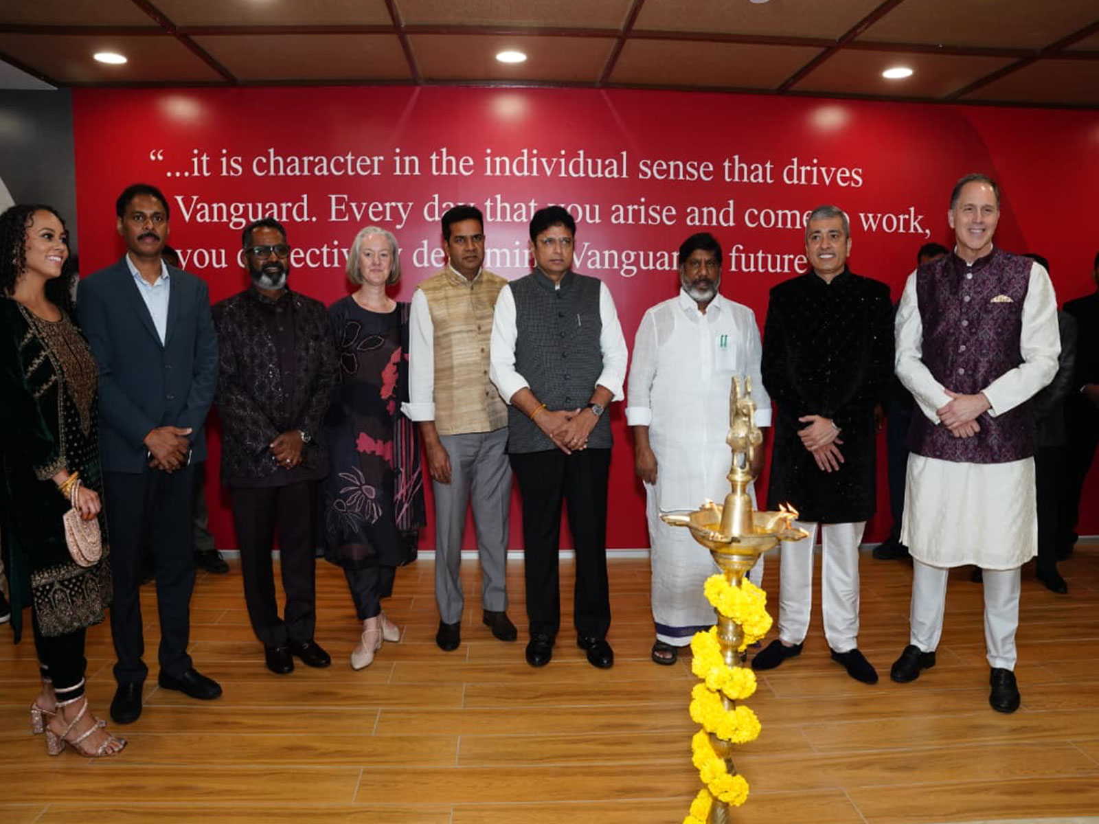 Telangana IT and Industries Minister D Sridhar Babu (middle) at Vanguard centre's inauguration (Photo/Telangana PRO)