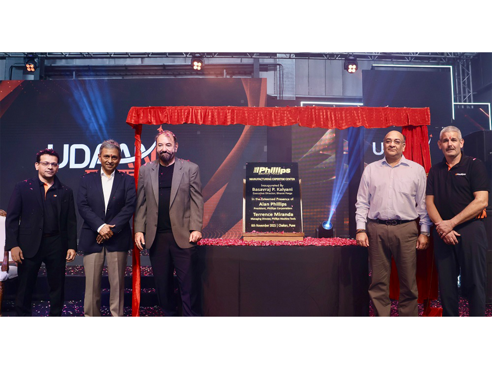 Inauguration of the Phillips Manufacturing Expertise Centre, Chakan, Pune, by Mr. Basavraj Kalyani, Bharat Forge Ltd., with Mr. Alan Phillips, Mr. Michael Garner, and Mr. Abhishek Singhania