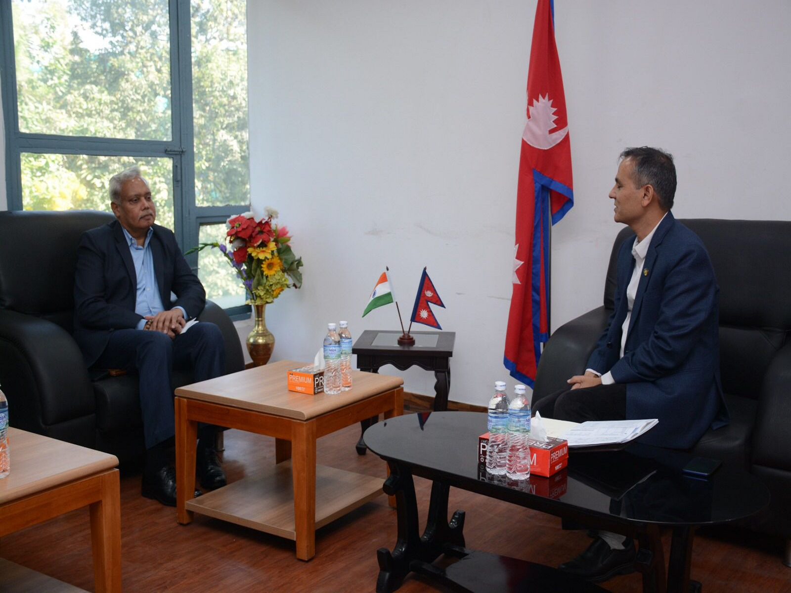 Indian Ambassador to Nepal Naveen Srivastava pays a courtesy call on Home Minister Om Prakash Aryal in Kathmandu (Photo: Secretariat of Nepal Home Minister)