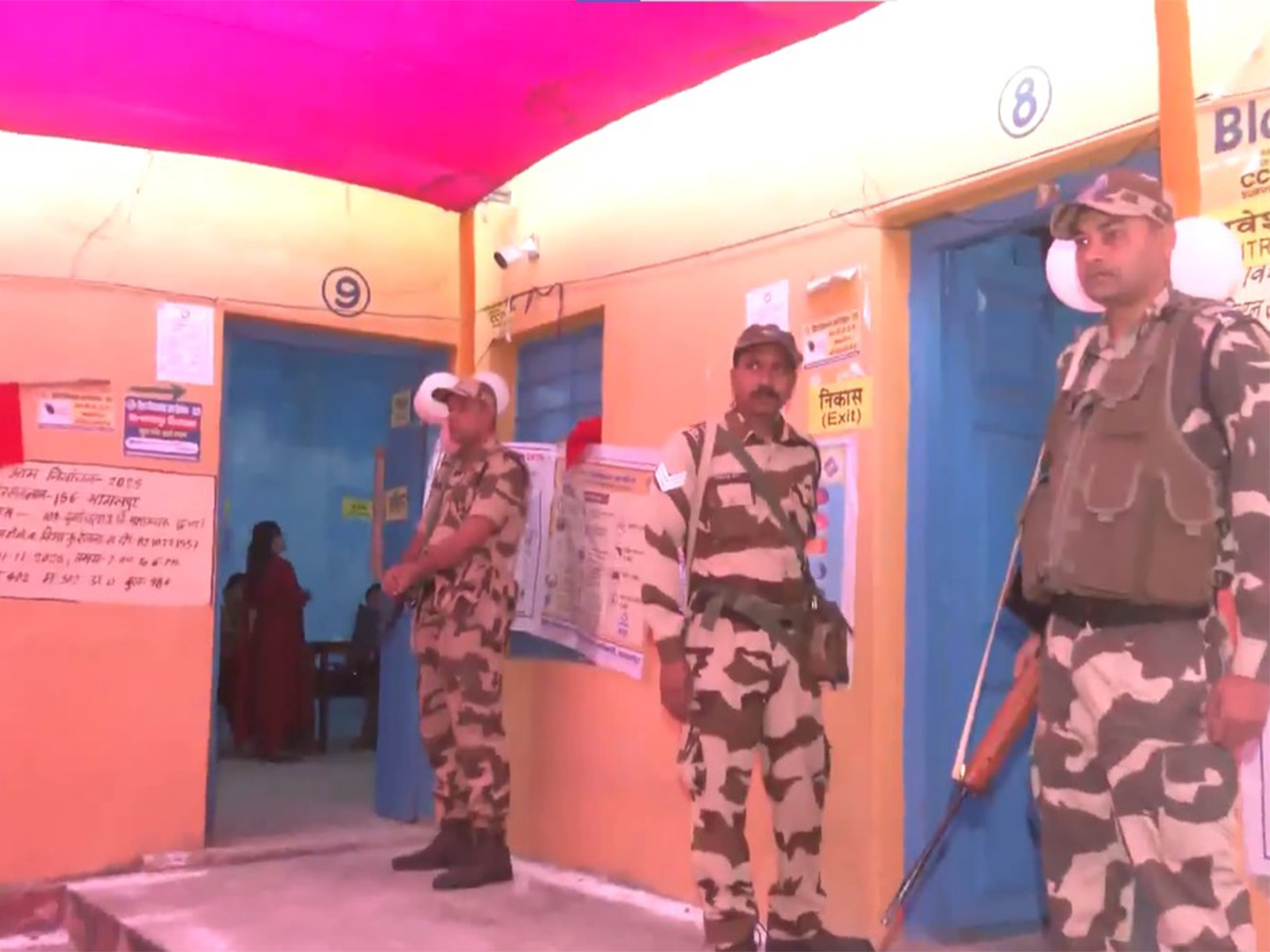 Security personnel deployed at a polling booth in Bhagalpur (Photo/ANI)