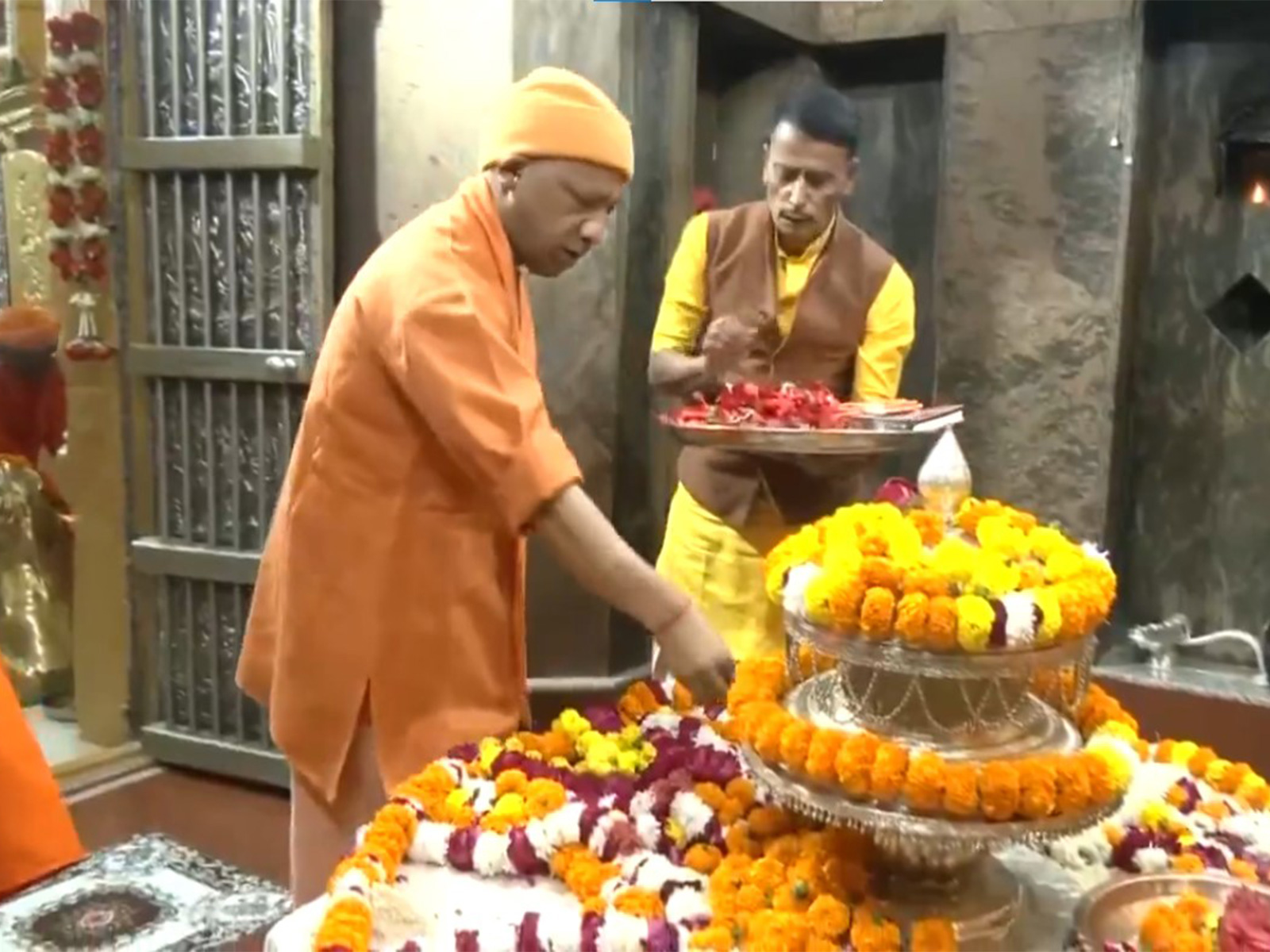 UP CM Yogi Adityanath offers prayer at Maa Pateshwari temple in Balrampur. (Photo/ANI)