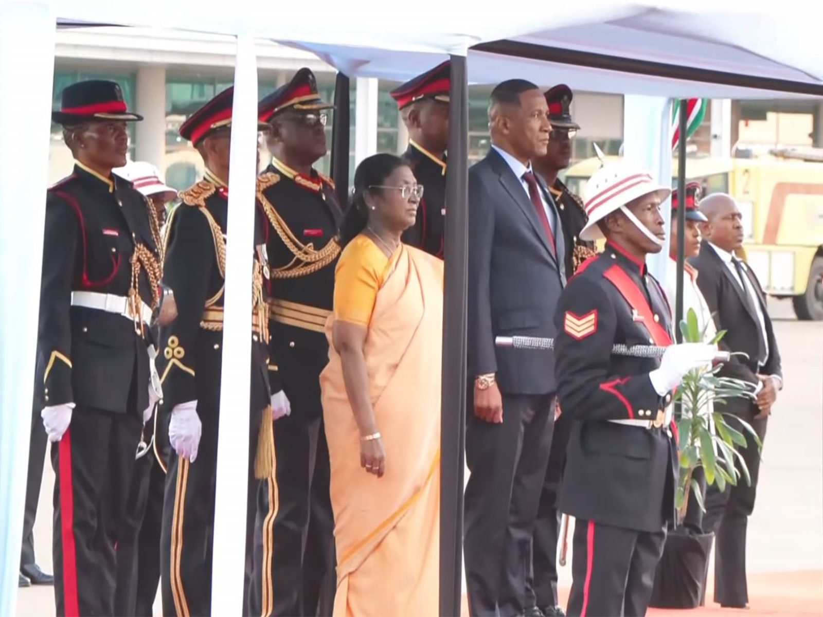 President Droupadi Murmu receives a ceremonial welcome in Gaborone, marking the first-ever state visit by an Indian head of state to Botswana. (Photo/ANI)