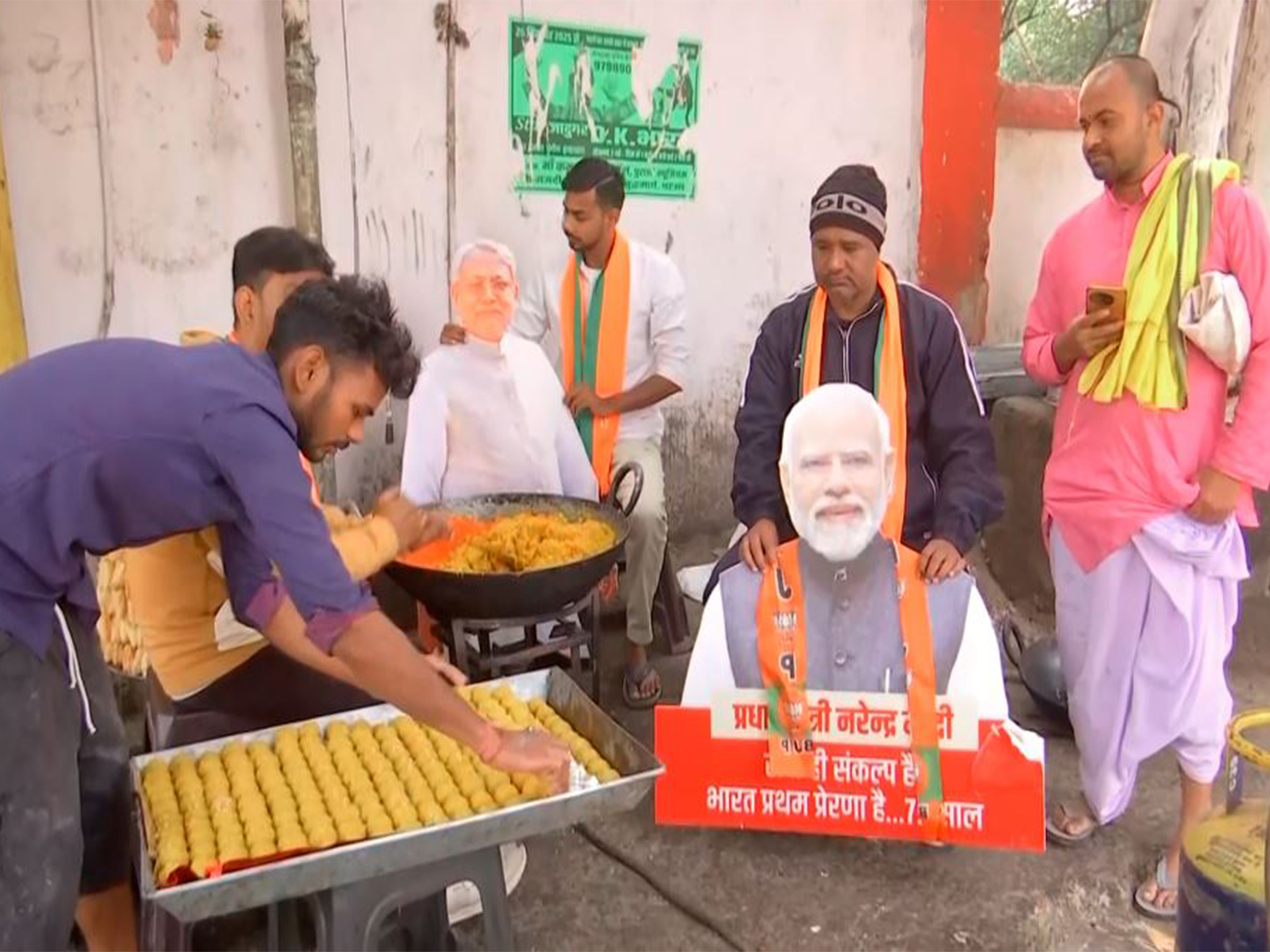 BJP workers in Patna preparing 501 kg of laddoos ahead of counting of votes on Nov 14 (Photo/ANI)