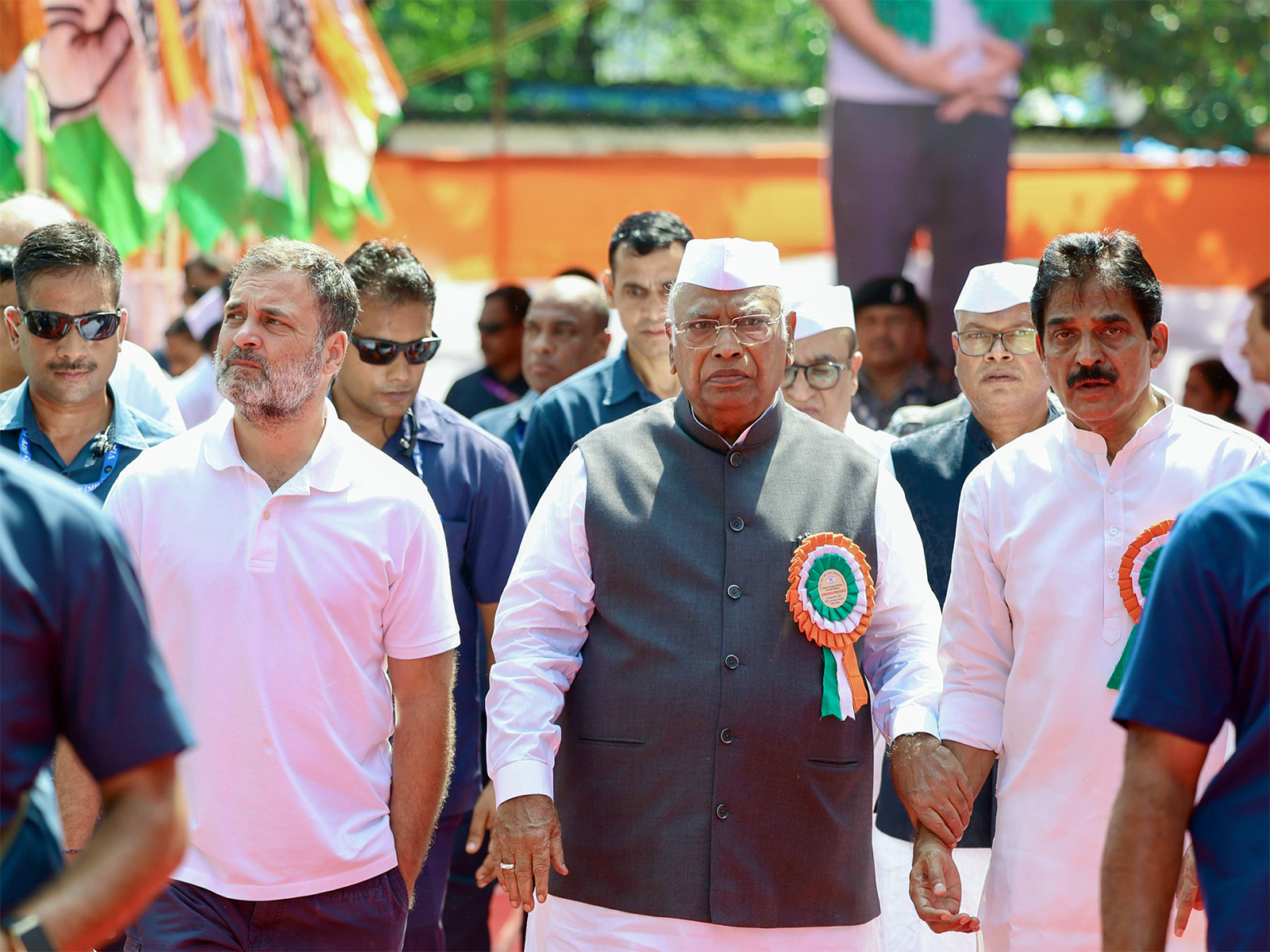 Rahul Gandhi, along with Mallikarjun Kharge and KC Venugopal. (File photo/ANI)