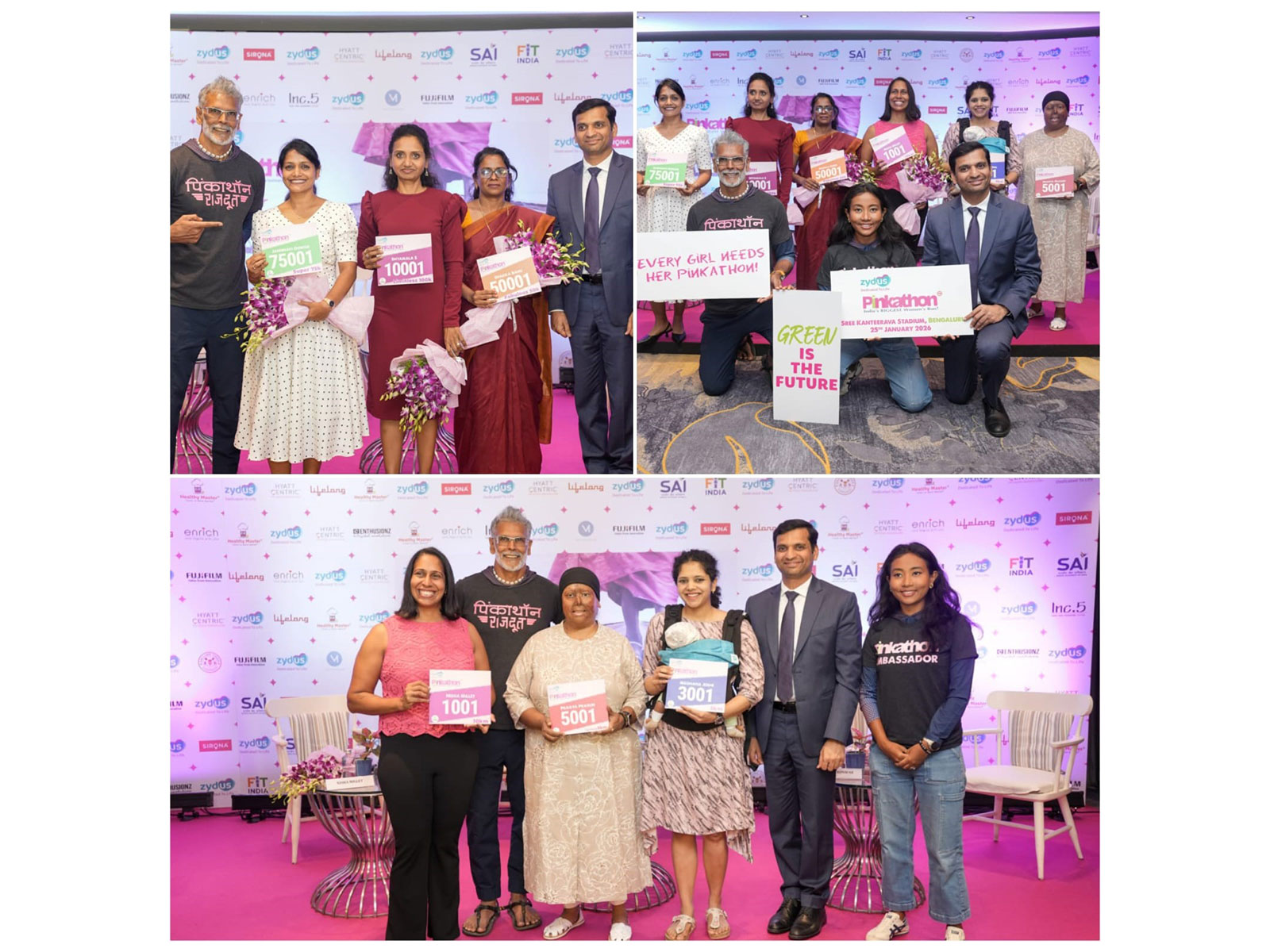 Milind Soman and Ankita Konwar launch Zydus Pinkathon Bengaluru 2026, unveiling the mascots across the 3 km to 100 km categories