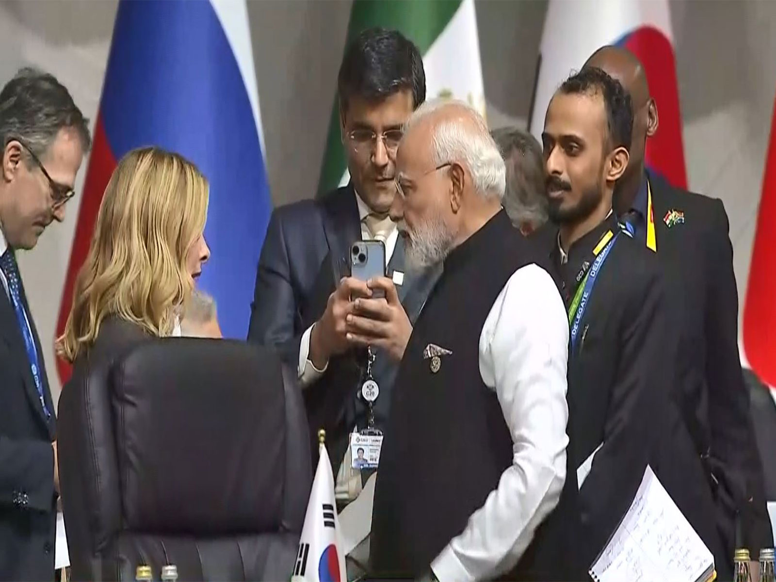 Prime Minister Narendra Modi meets Italian Prime Minister Giorgia Meloni on the sidelines of the G20 Summit in Johannesburg. (Photo/ANI)
