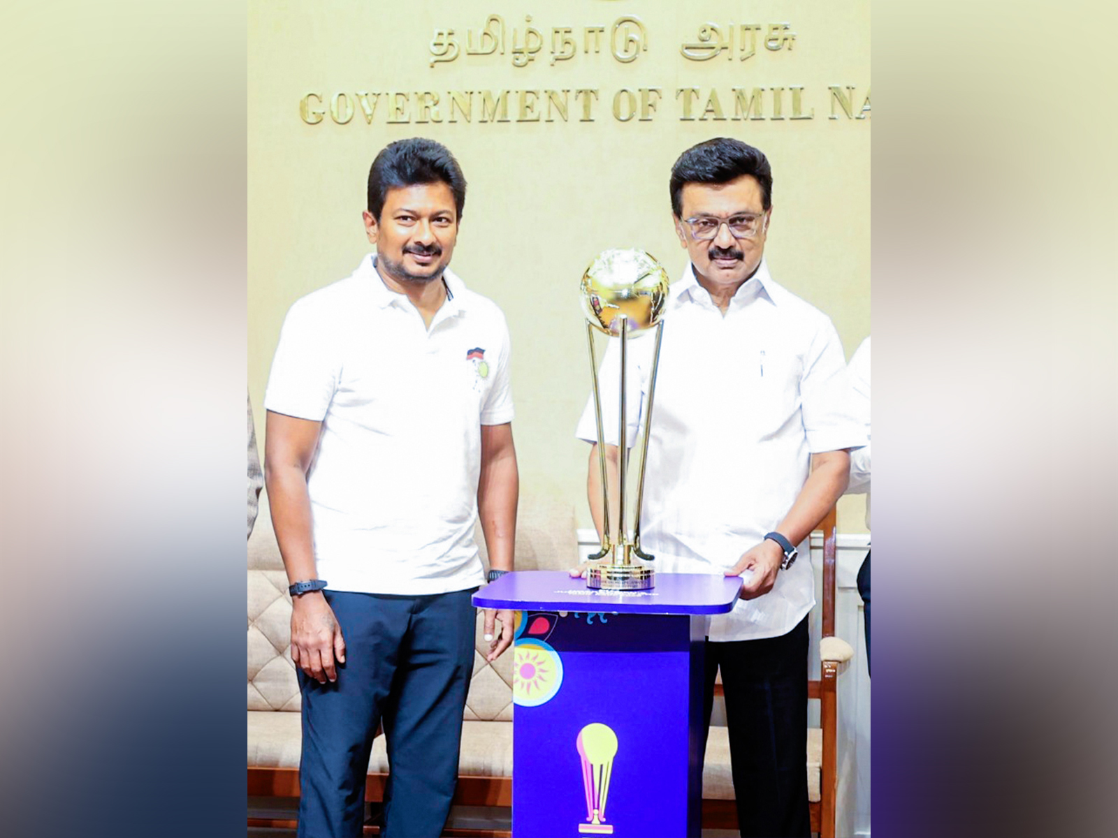 Udhayanidhi Stalin posing with M.K. Stalin after unveiling the trophy for the upcoming FIH Hockey Men’s Junior World Cup 2025 (Photo: ANI)