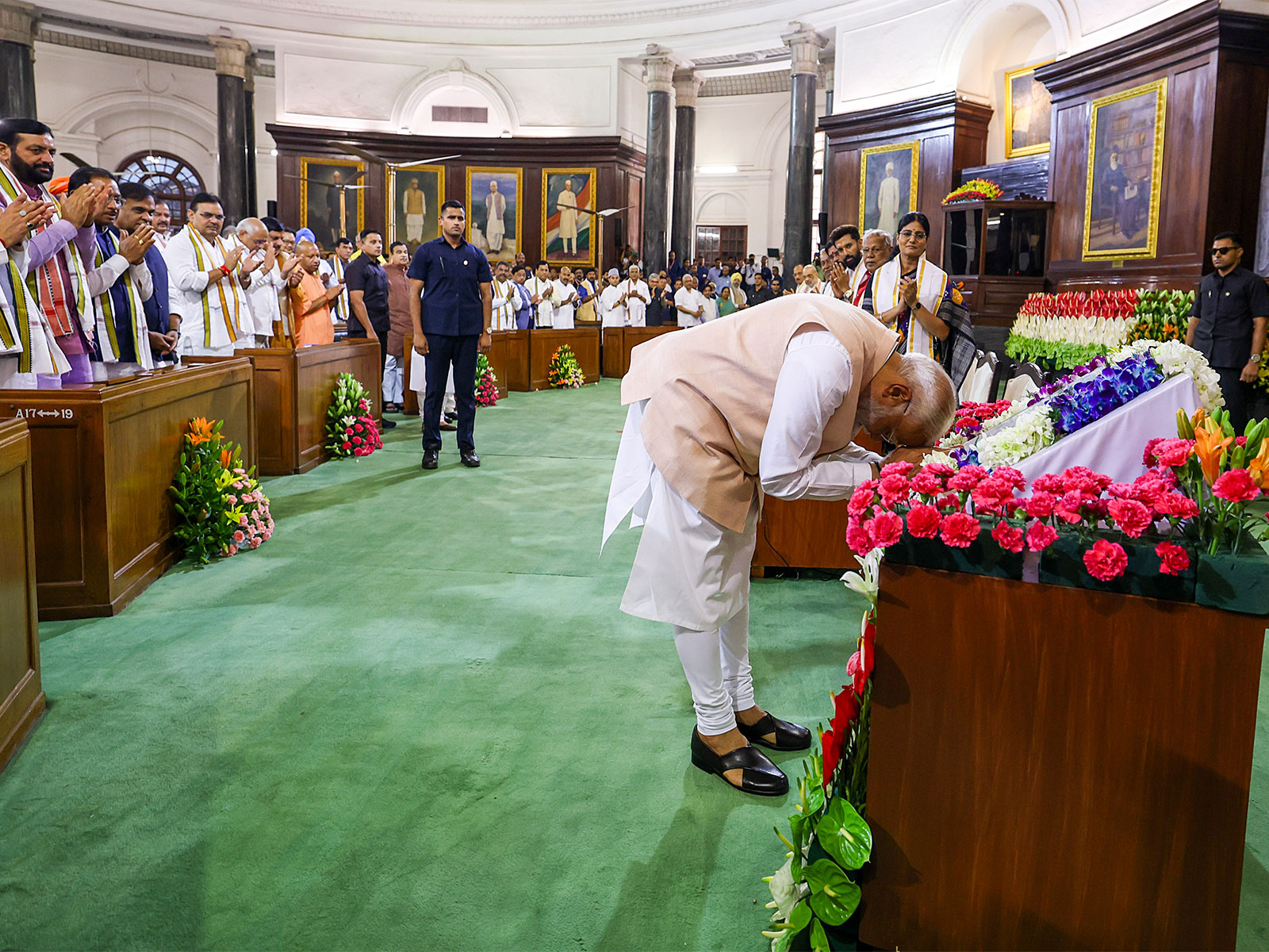 Prime Minister Narendra Modi tweets this picture from his iconic moments of the year 2024 bowing to the Constitution in the Central Hall of Samvidhan Sadan. (File Photo/ANI) Prime Minister Narendra Modi tweets this picture from his iconic moments of the year 2024 bowing to the Constitution in the Central Hall of Samvidhan Sadan. (File Photo/ANI)