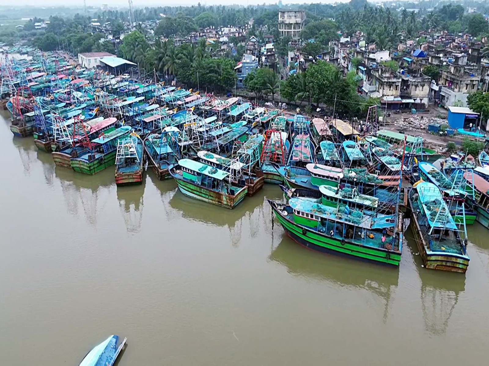 An aerial view of a beach as fishermen dock boats in TN's Nagapattinam (Photo/ANI)