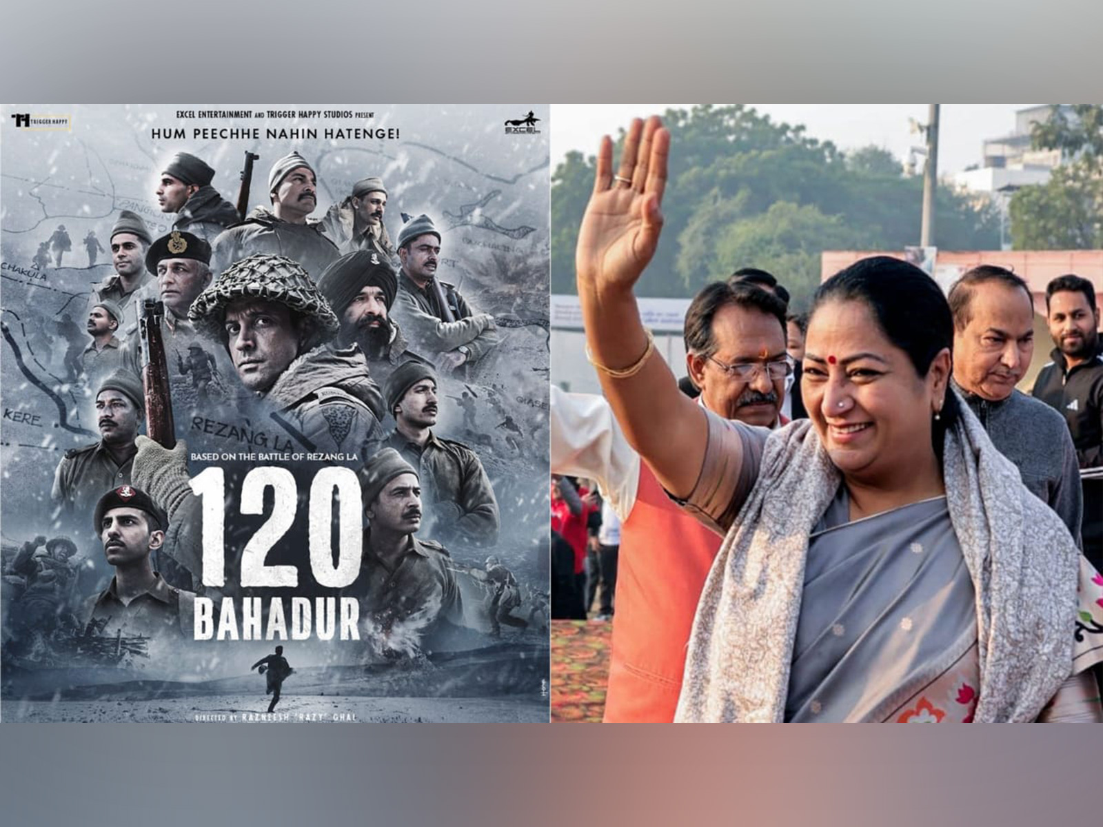 120 Bahadur poster (L) Delhi CM Rekha Gupta (R) (Photo: Instagram/@excelmovies/File Photo/ANI)