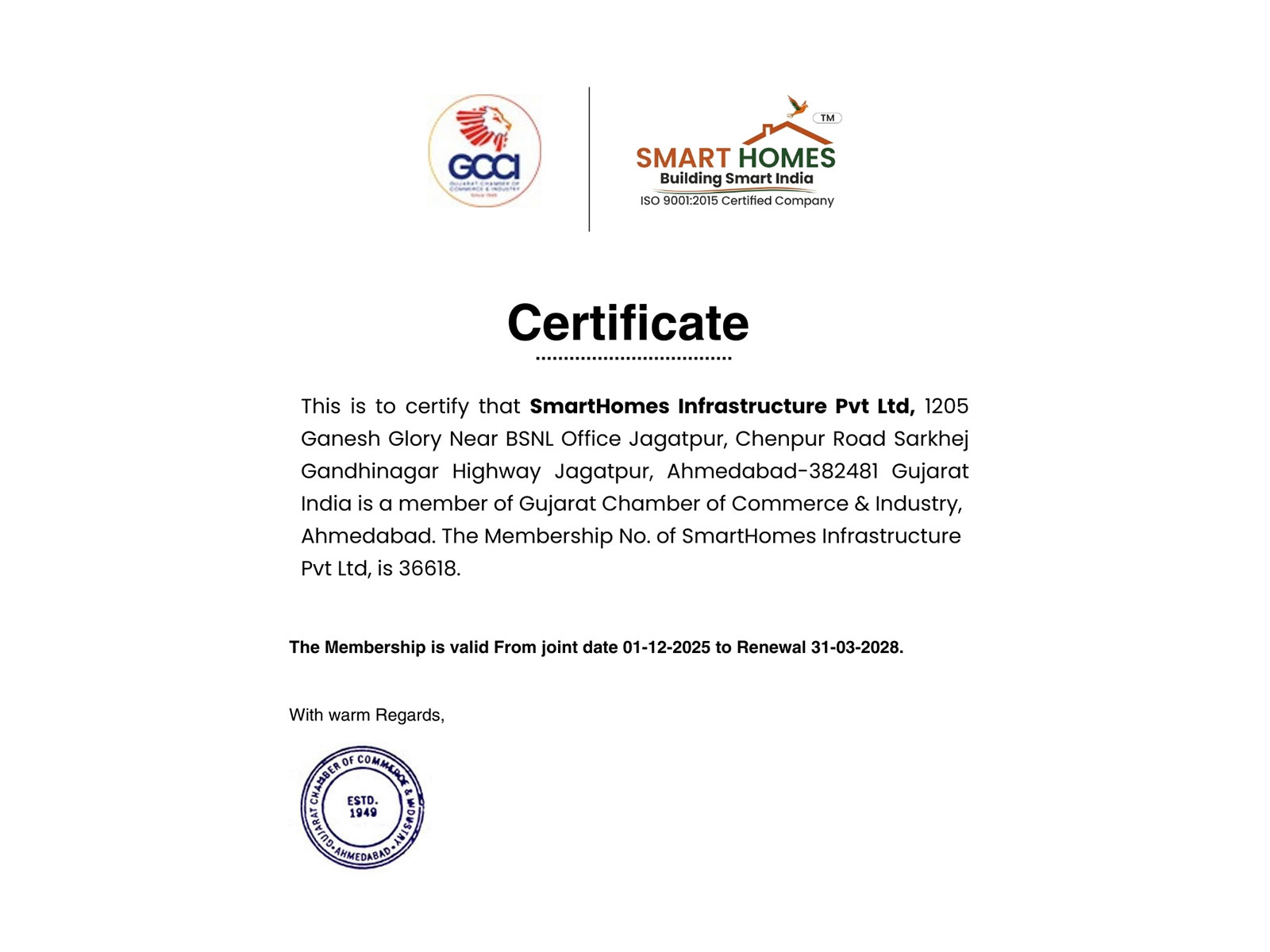 SmartHomes Infrastructure joins GCCI to strengthen leadership and accelerate growth in Dholera Smart City.