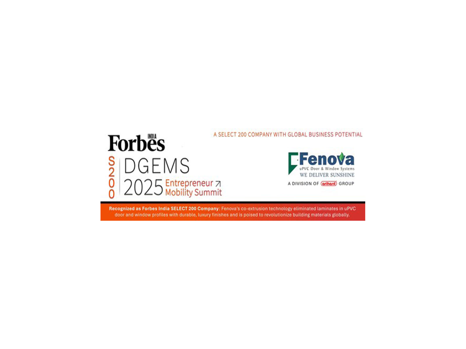 Fenova uPVC Door & Window Systems Recognized by Forbes India DGEMS as a SELECT 200 Company with Global Business Potential