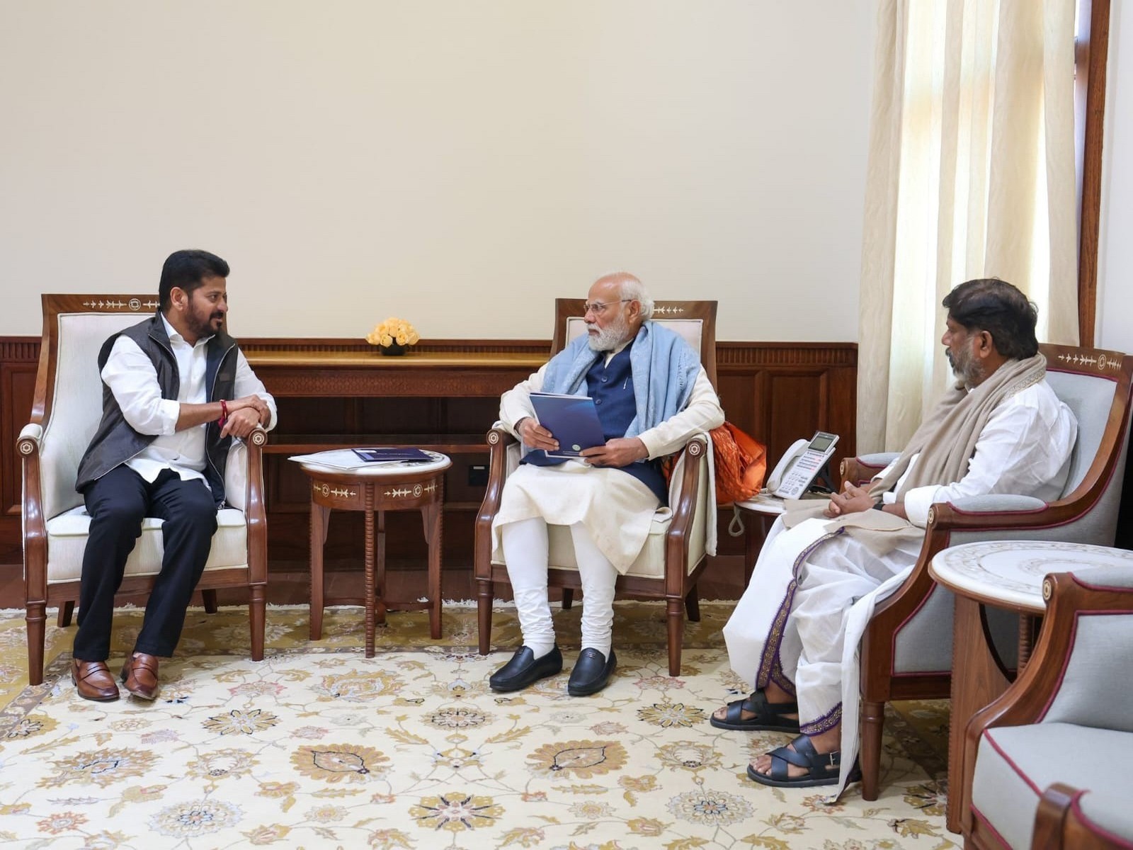 Telangana CM A Revanth Reddy, Deputy CM Bhatti Vikramarka meet PM Narendra Modi (Photo/ANI)