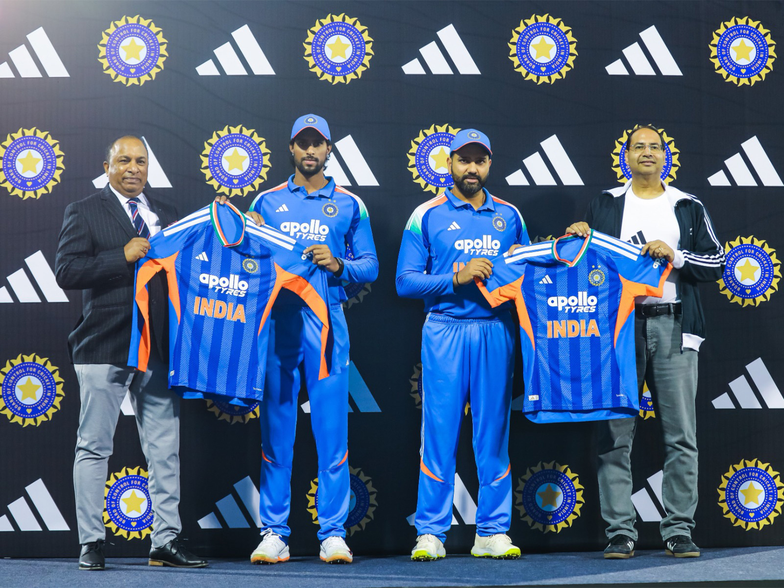 Tilak and Rohit with BCCI secretary Saikia during T20 WC jersey reveal. (Photo: BCCI/Adidas India)