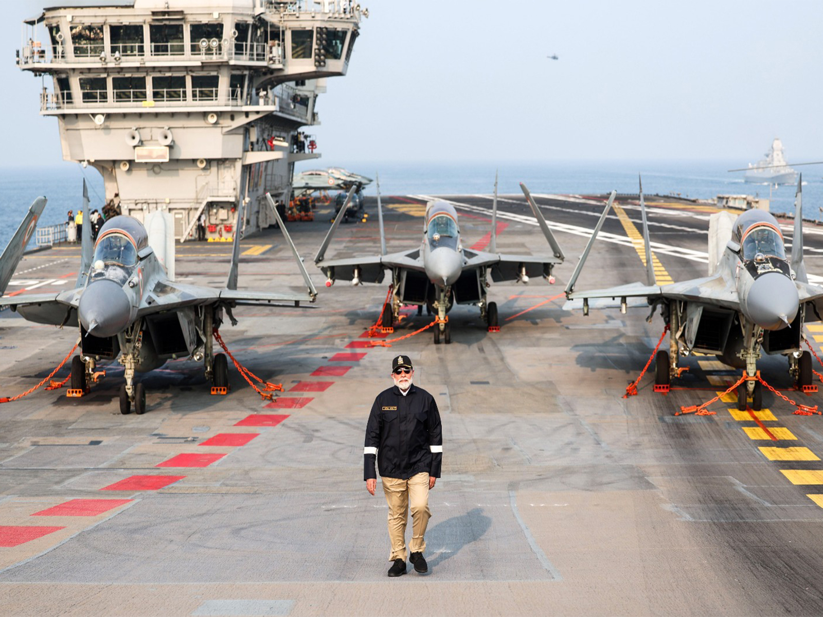 Prime Minister Narendra Modi on the flightdeck of INS Vikrant, with the MiG-29 fighters, in Goa (Photo/ANI)