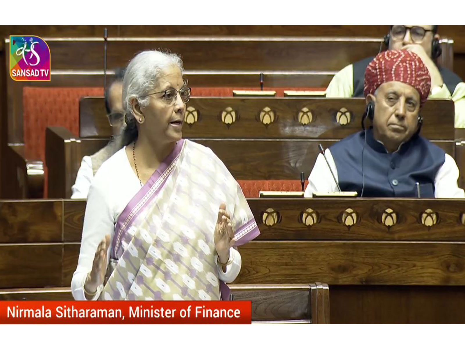 Union Finance Minister, Nirmala Sitharaman, replying to the discussion in Rajya Sabha. (Image: Sansad TV)