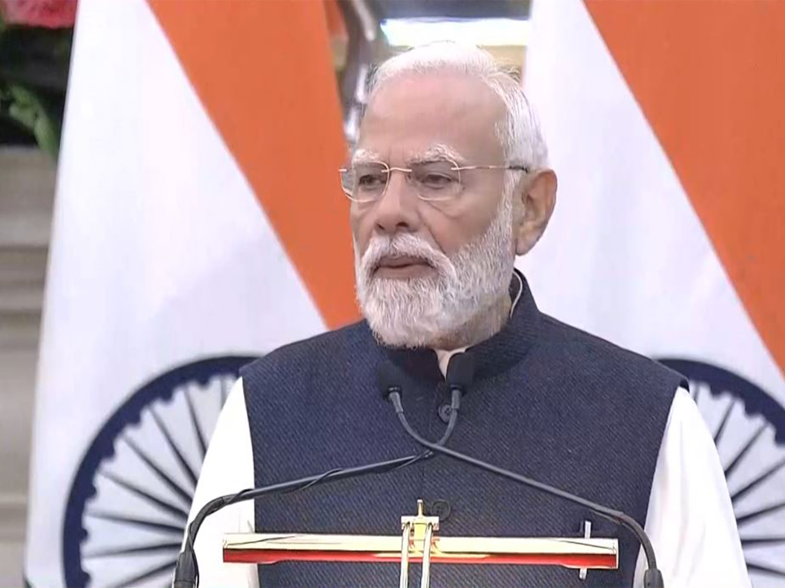 Prime Minister Narendra Modi while adressing the joint press address with Russian President Vladimir Putin (Photo/ANI)